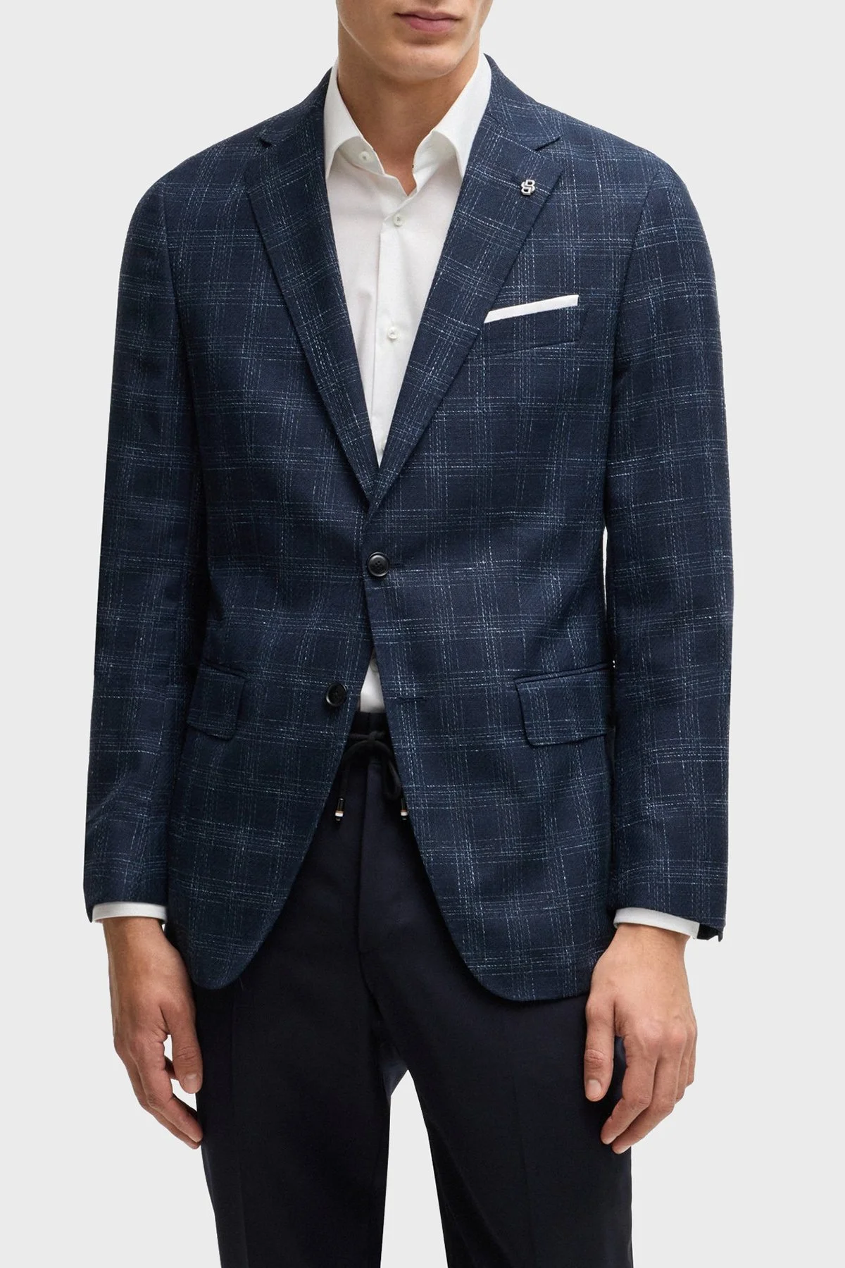 Boss Yün Karışımlı Slim Fit Mono Yaka Kareli Klasik Erkek Ceket 50535057 404 LACİVERT - 1