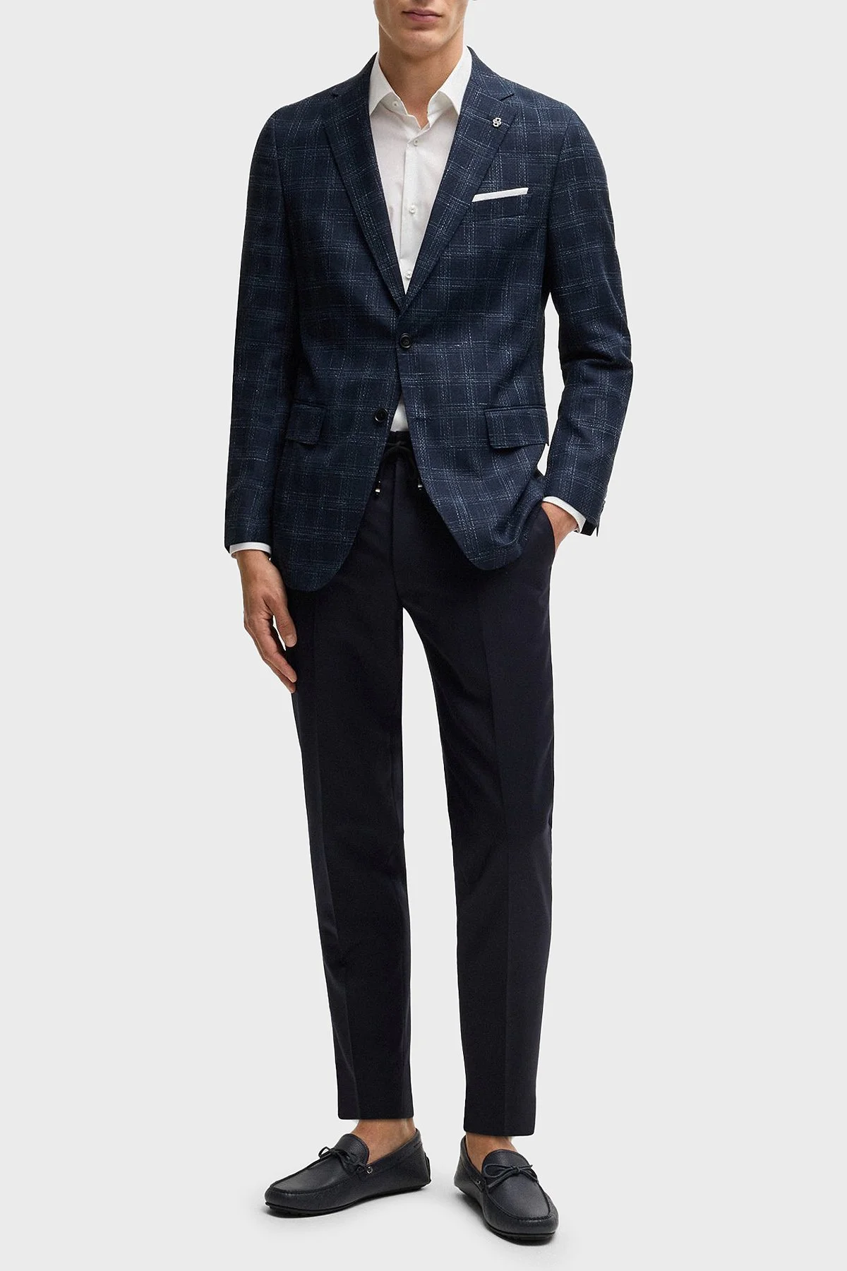 Boss Yün Karışımlı Slim Fit Mono Yaka Kareli Klasik Erkek Ceket 50535057 404 LACİVERT - 2