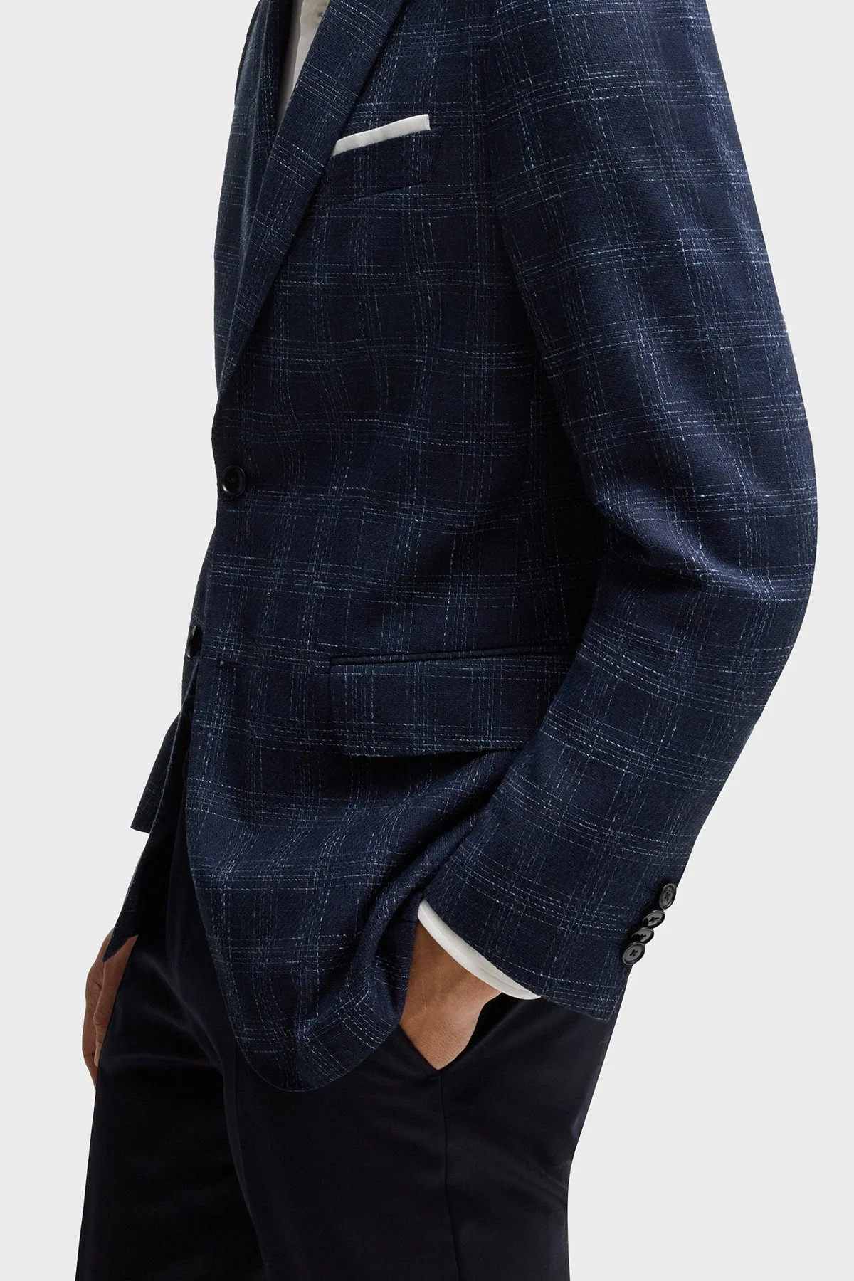 Boss Yün Karışımlı Slim Fit Mono Yaka Kareli Klasik Erkek Ceket 50535057 404 LACİVERT - 5