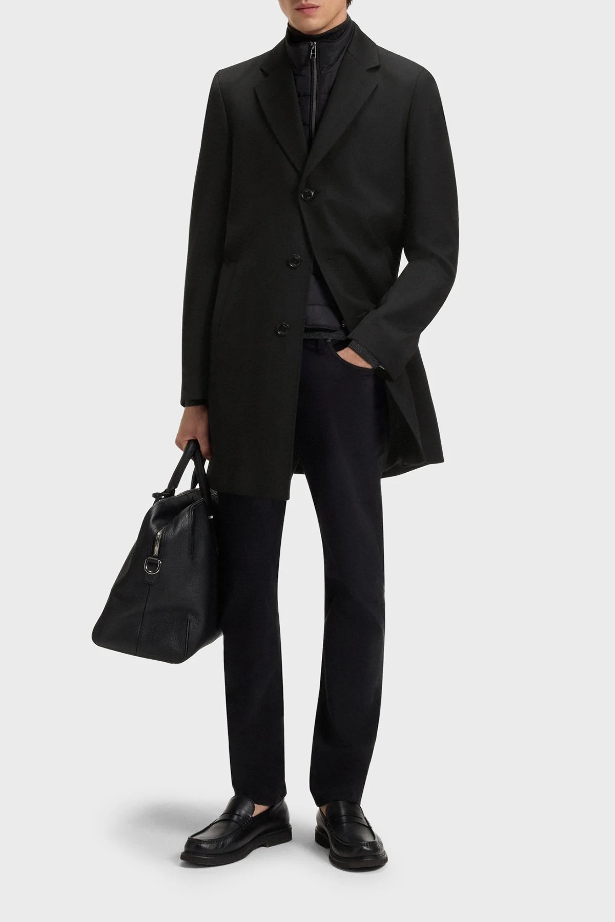 Boss Yün Karışımlı Su İtici Slim Fit Çıkarılabilir Yaka Uzun Erkek Kaban 50551117 001 SİYAH - 3