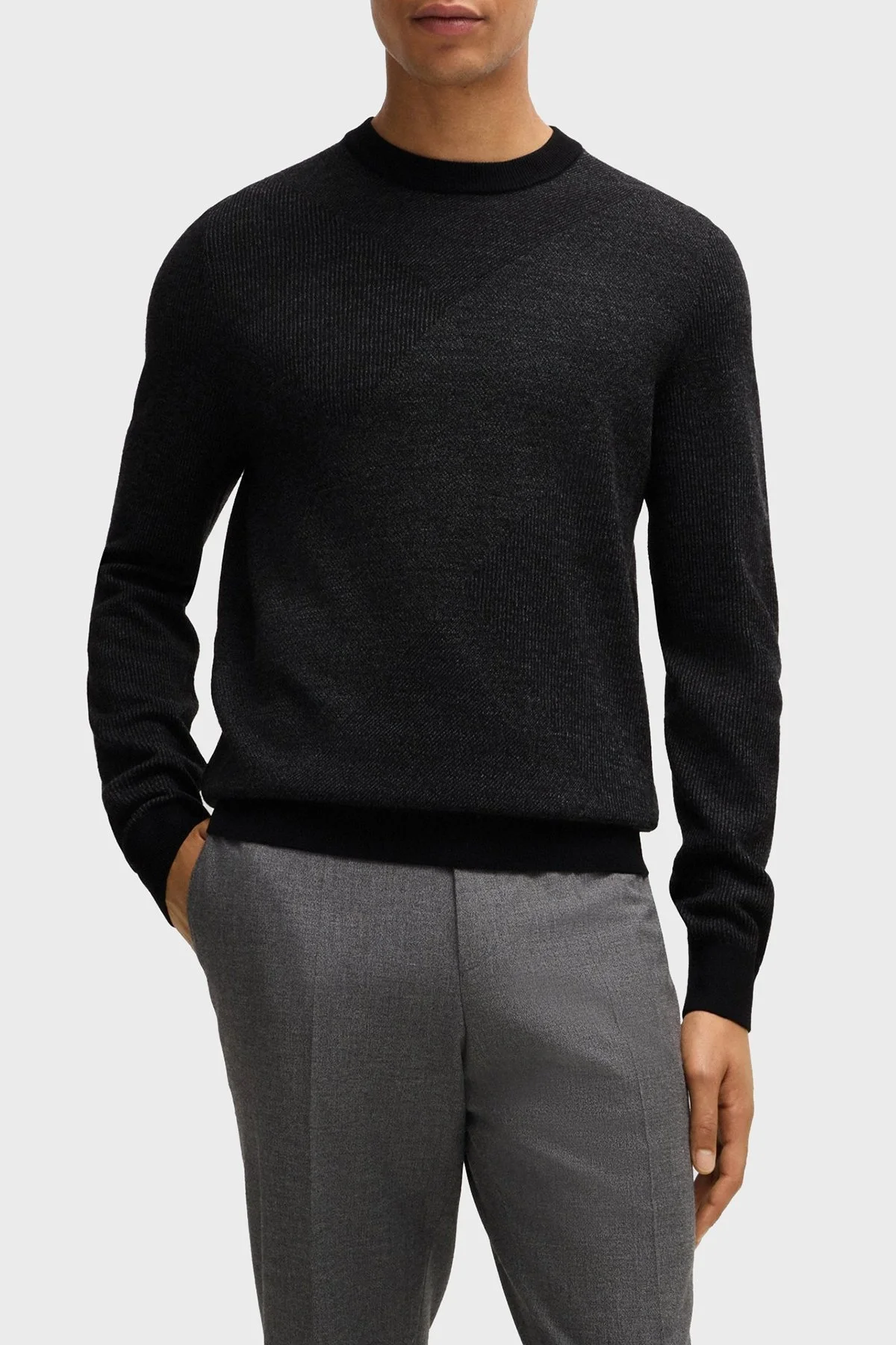 Boss Yünlü Regular Fit Bisiklet Yaka Jakarlı Erkek Kazak 50526845 001 SİYAH - 1