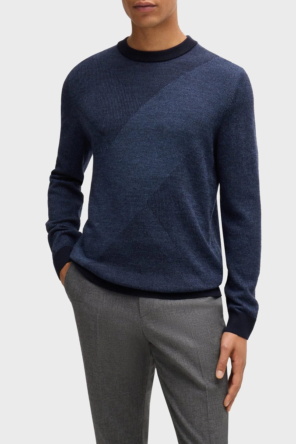 Boss Yünlü Regular Fit Bisiklet Yaka Jakarlı Erkek Kazak 50526845 404 LACİVERT - 1