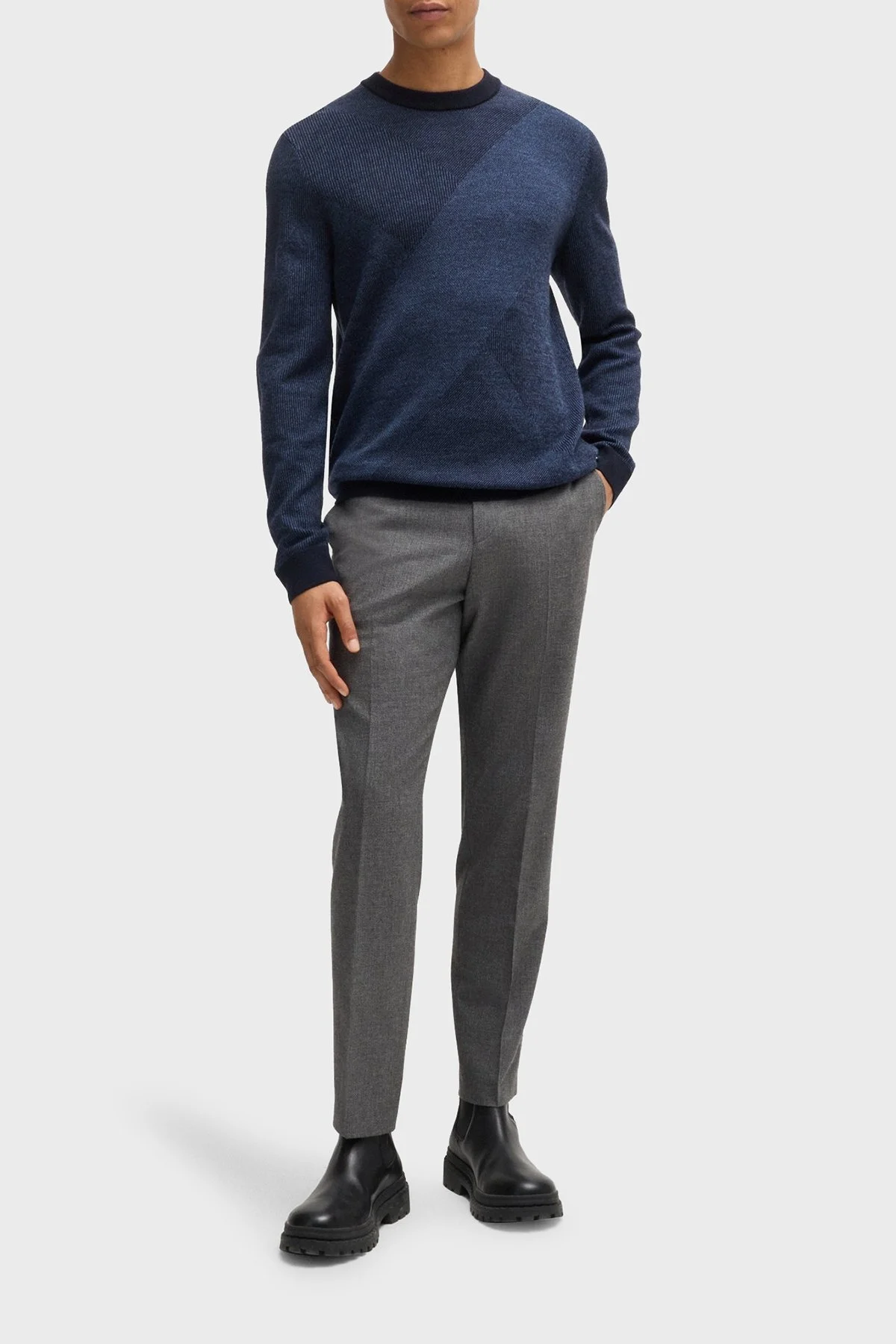 Boss Yünlü Regular Fit Bisiklet Yaka Jakarlı Erkek Kazak 50526845 404 LACİVERT - 2