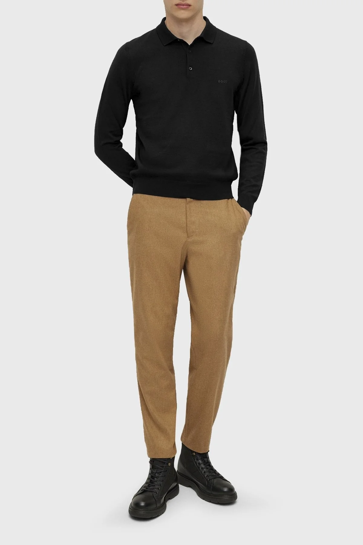 Boss Yünlü Regular Fit Polo Yaka Erkek Kazak 50476357 001 SİYAH - 2