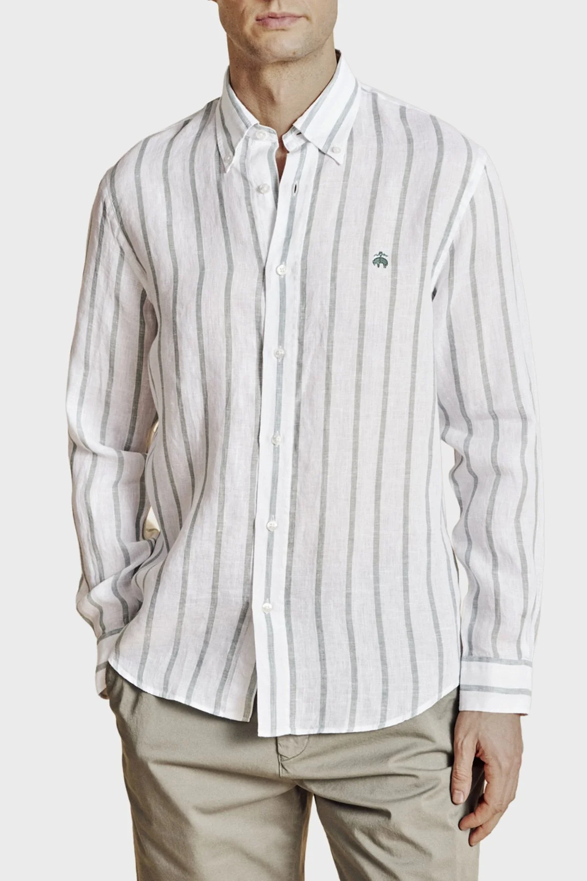 Brooks Brothers % 100 Keten Düğmeli Yaka Çizgili Erkek Gömlek BBSS26MSH013166 YEŞİL-BEYAZ - 1