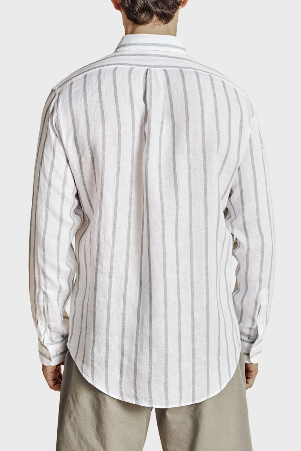 Brooks Brothers % 100 Keten Düğmeli Yaka Çizgili Erkek Gömlek BBSS26MSH013166 YEŞİL-BEYAZ - 2
