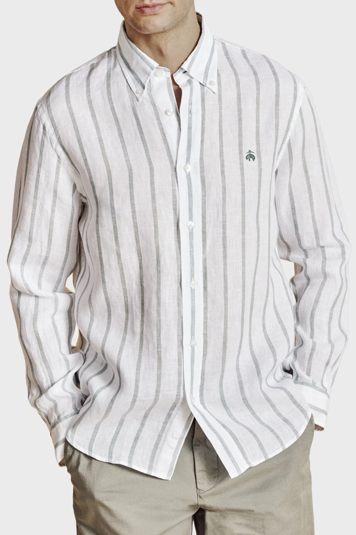 Brooks Brothers % 100 Keten Düğmeli Yaka Çizgili Erkek Gömlek BBSS26MSH013166 YEŞİL-BEYAZ - 3