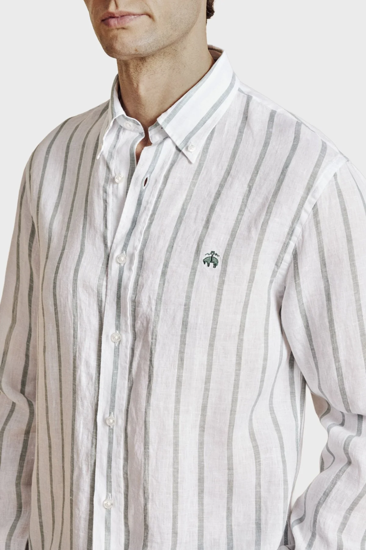 Brooks Brothers % 100 Keten Düğmeli Yaka Çizgili Erkek Gömlek BBSS26MSH013166 YEŞİL-BEYAZ - 4