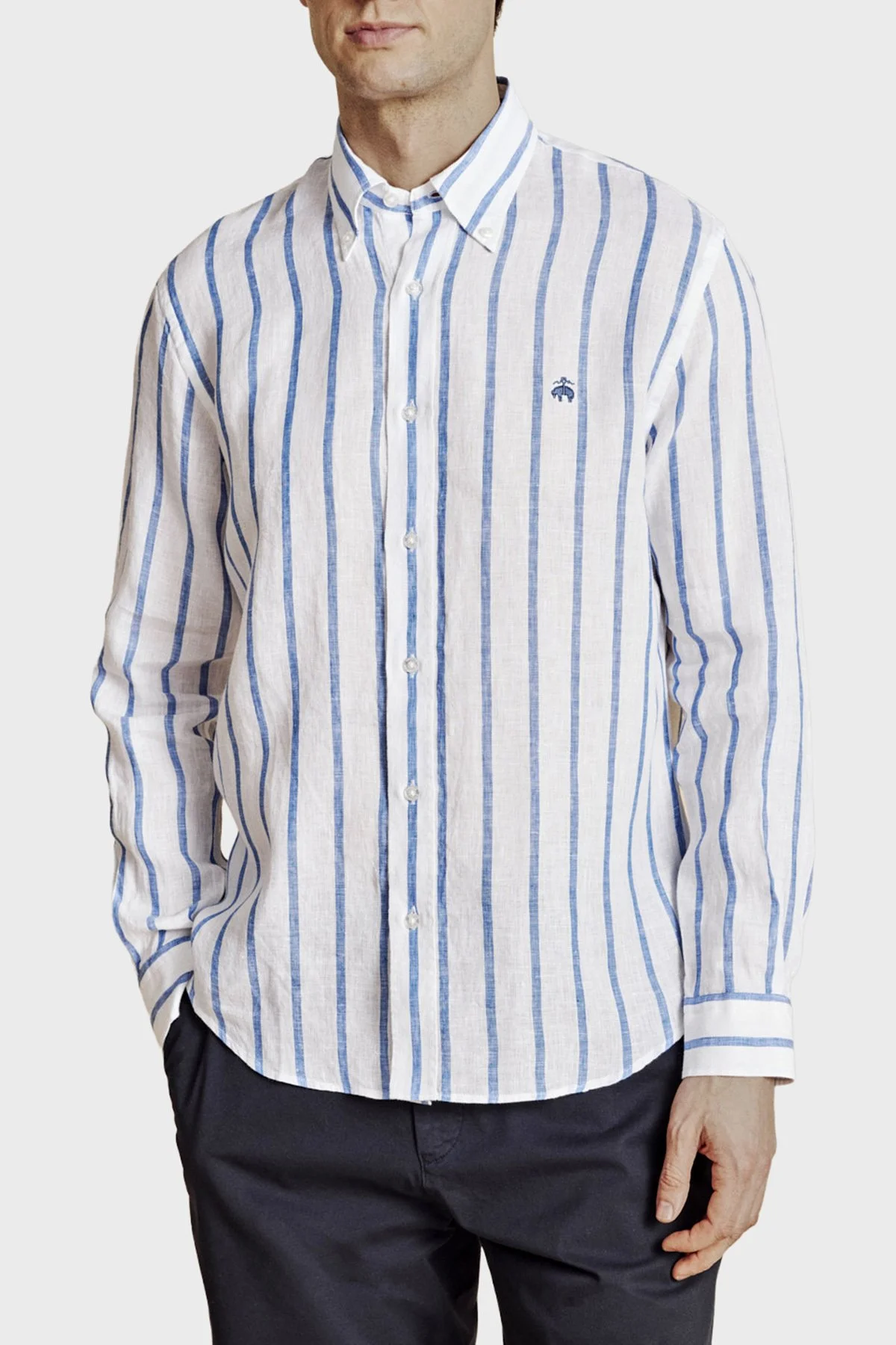 Brooks Brothers % 100 Keten Düğmeli Yaka Çizgili Erkek Gömlek BBSS26MSH013175 MAVİ-BEYAZ - 3