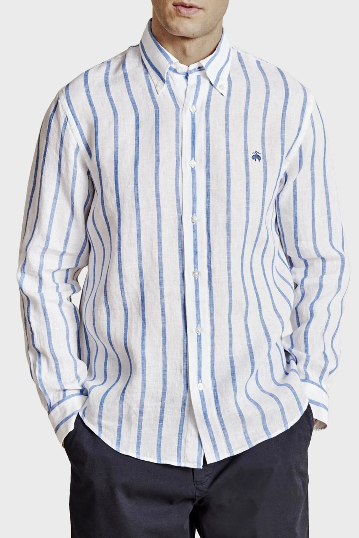 Brooks Brothers % 100 Keten Düğmeli Yaka Çizgili Erkek Gömlek BBSS26MSH013175 MAVİ-BEYAZ - 4