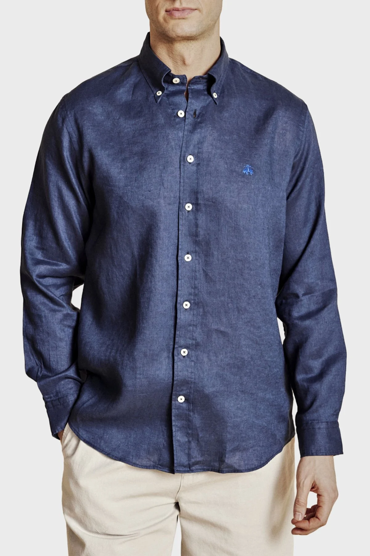 Brooks Brothers % 100 Keten Düğmeli Yaka Regular Fit Uzun Kollu Erkek Gömlek BBSS26MSH022137 LACİVERT - 4