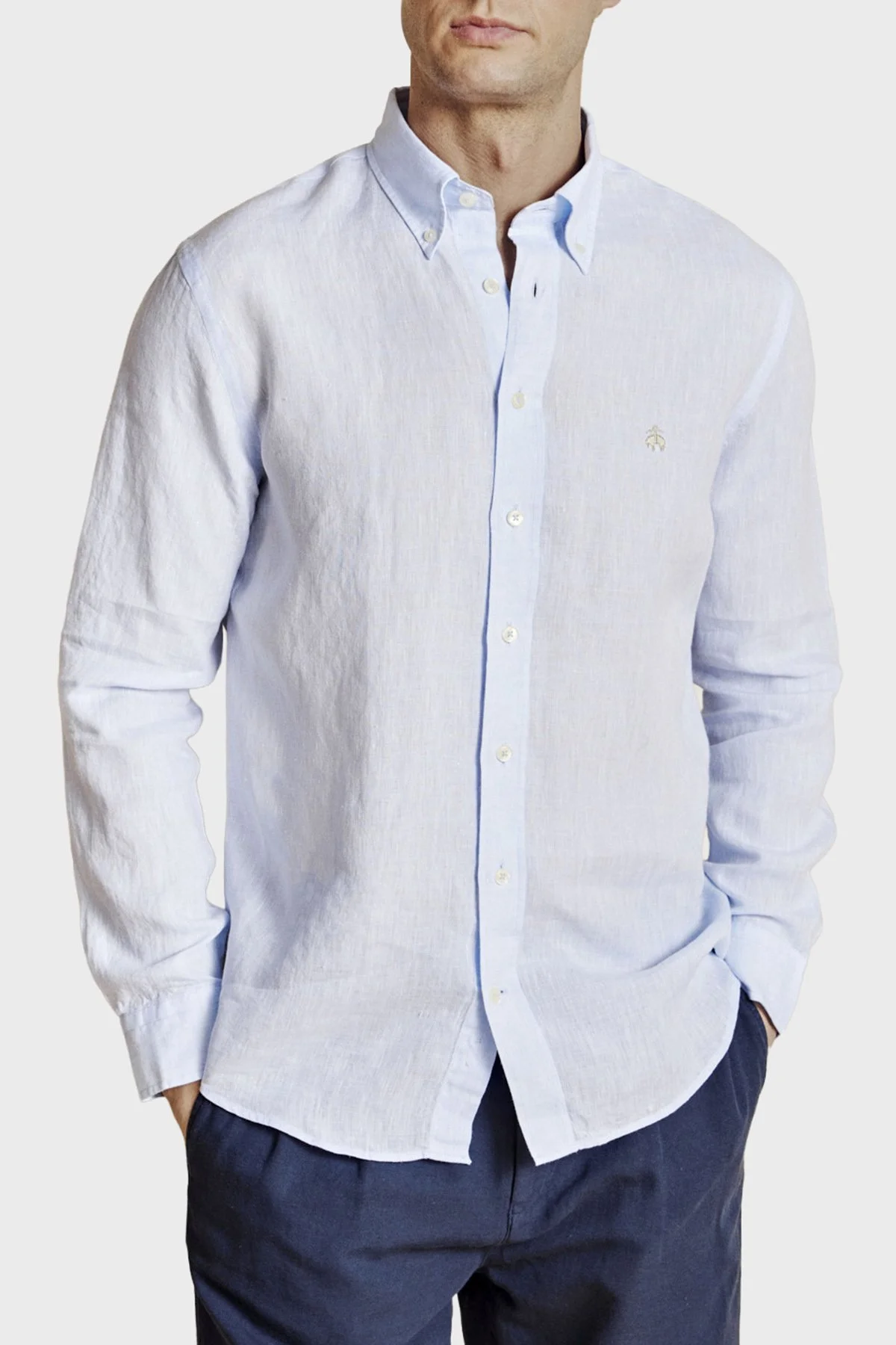 Brooks Brothers % 100 Keten Regular Fit Düğmeli Yaka Erkek Gömlek BBSS26MSH022116 AÇIK MAVİ - 1