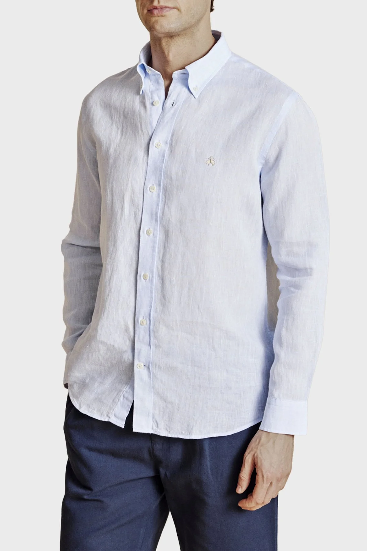 Brooks Brothers % 100 Keten Regular Fit Düğmeli Yaka Erkek Gömlek BBSS26MSH022116 AÇIK MAVİ - 3