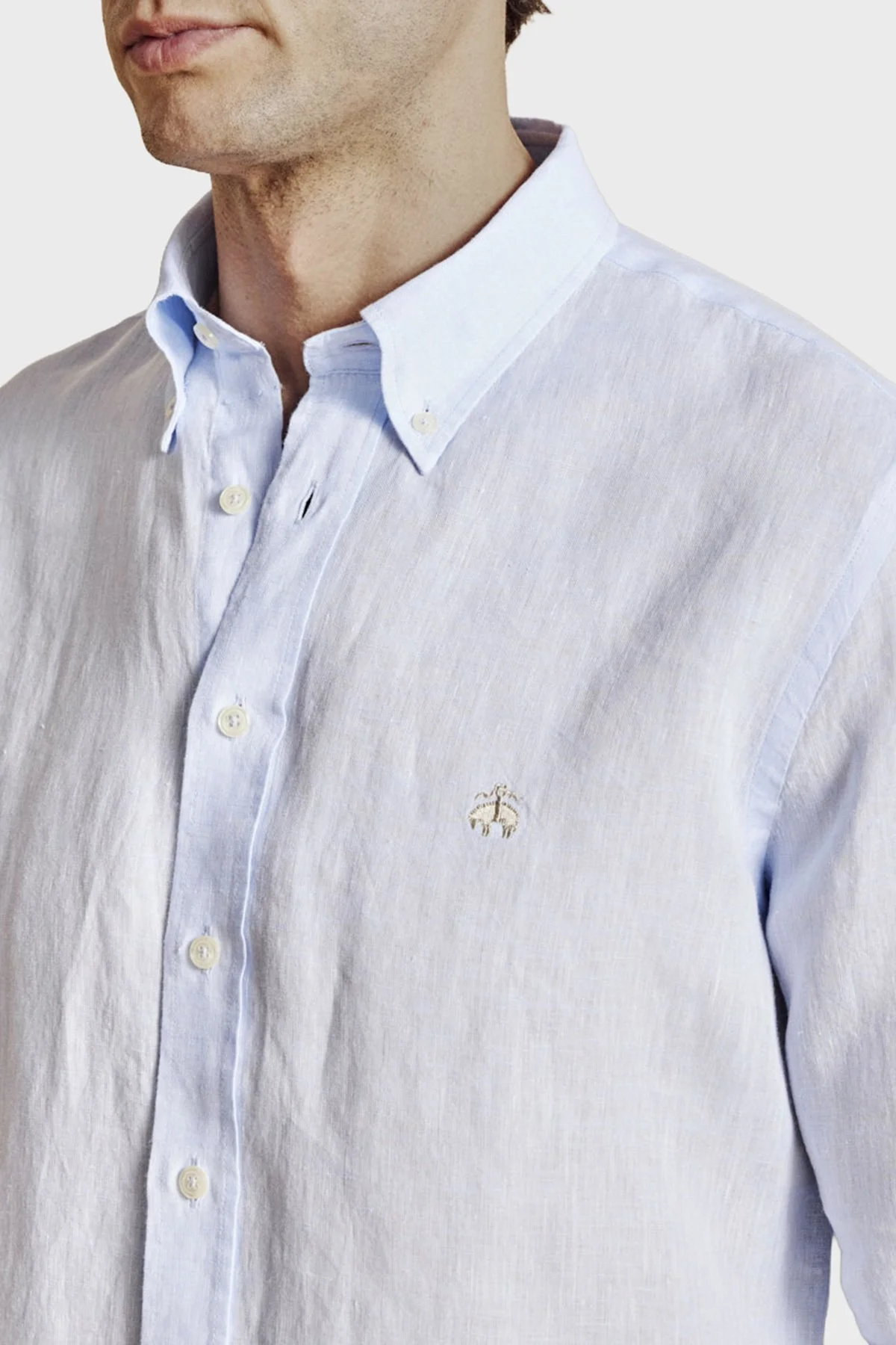 Brooks Brothers % 100 Keten Regular Fit Düğmeli Yaka Erkek Gömlek BBSS26MSH022116 AÇIK MAVİ - 4