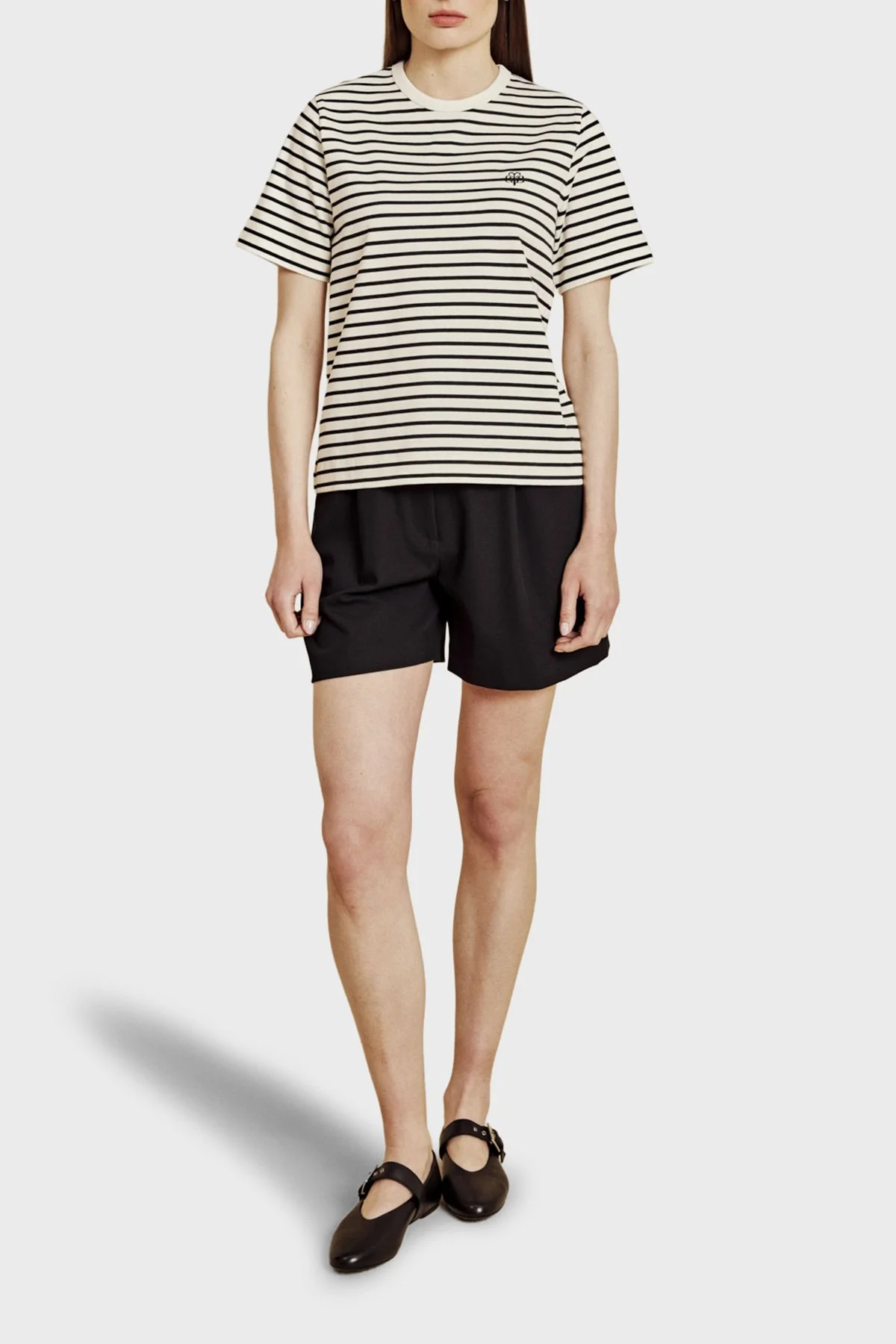 Brooks Brothers % 100 Pamuk Çizgili Bisiklet Yaka Fermuar Detaylı T-Shirt Kadın T Shirt BBSS26FTS003203 EKRU-SİYAH - 2