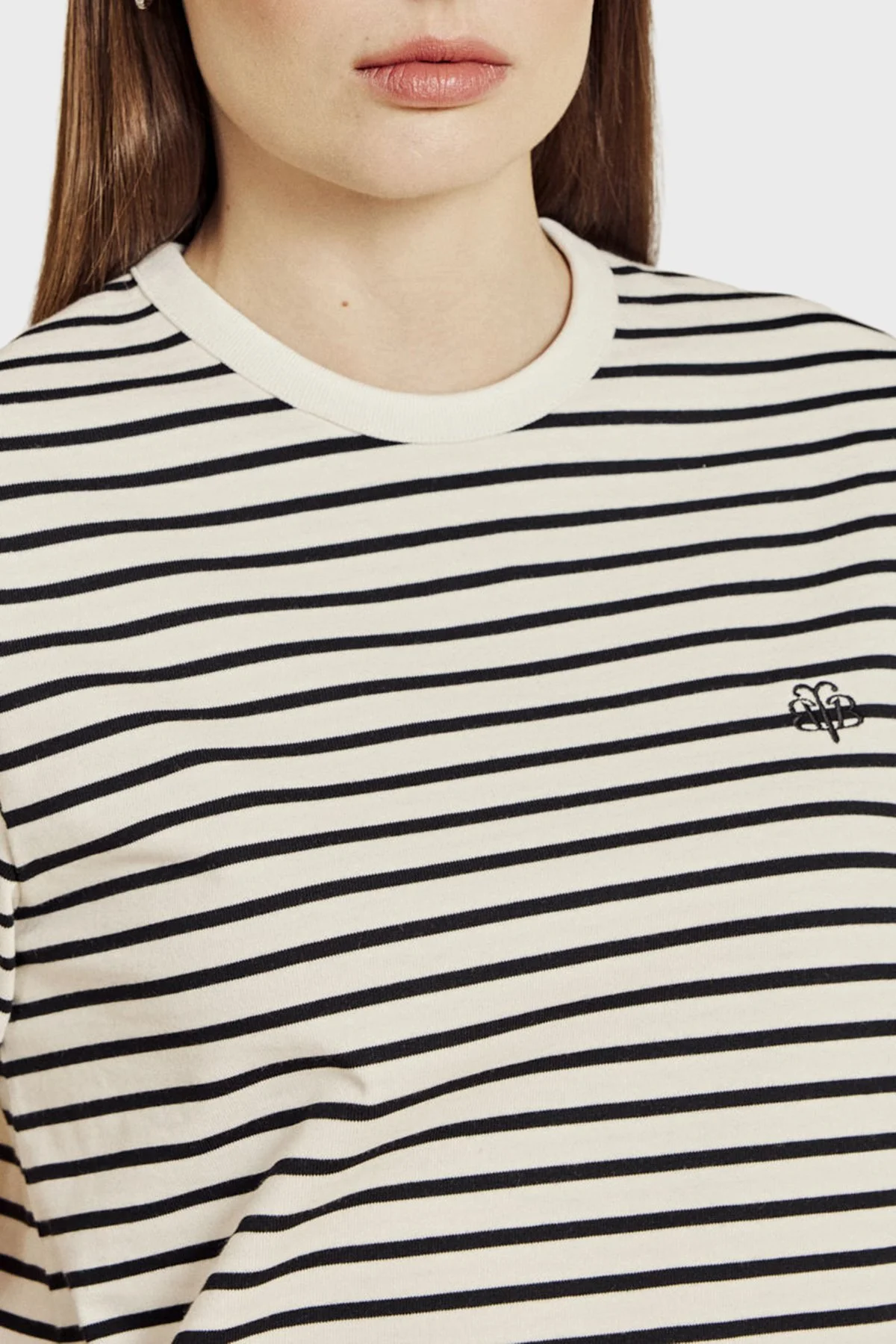 Brooks Brothers % 100 Pamuk Çizgili Bisiklet Yaka Fermuar Detaylı T-Shirt Kadın T Shirt BBSS26FTS003203 EKRU-SİYAH - 5