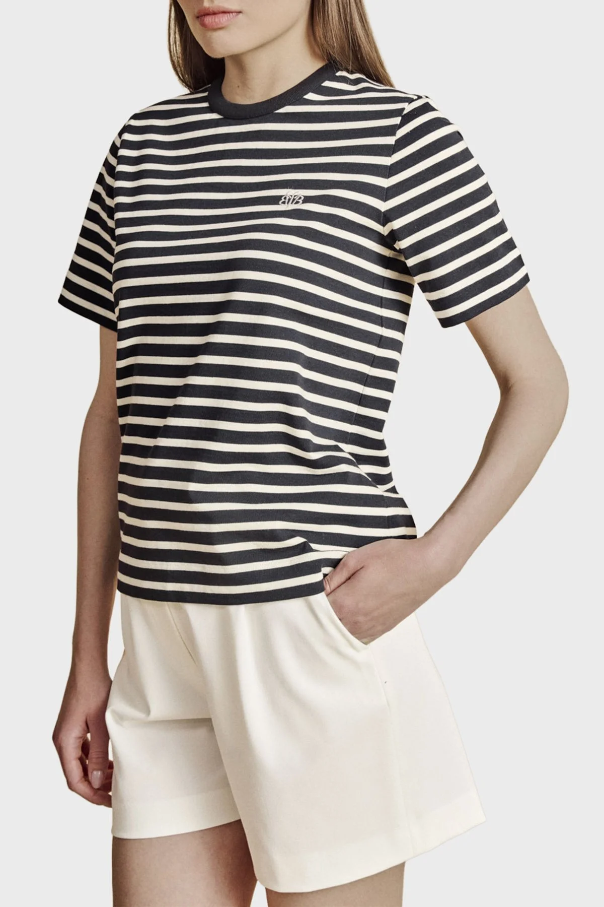 Brooks Brothers % 100 Pamuk Çizgili Bisiklet Yaka Fermuar Detaylı T-Shirt Kadın T Shirt BBSS26FTS003275 LACİVERT-EKRU - 4