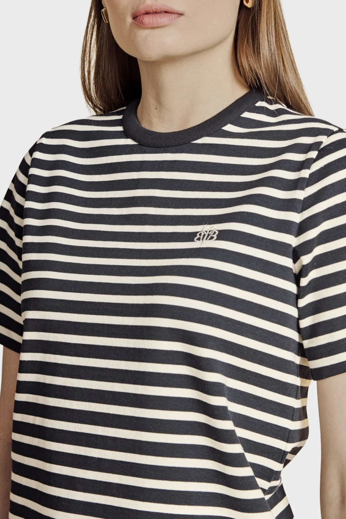Brooks Brothers % 100 Pamuk Çizgili Bisiklet Yaka Fermuar Detaylı T-Shirt Kadın T Shirt BBSS26FTS003275 LACİVERT-EKRU - 5