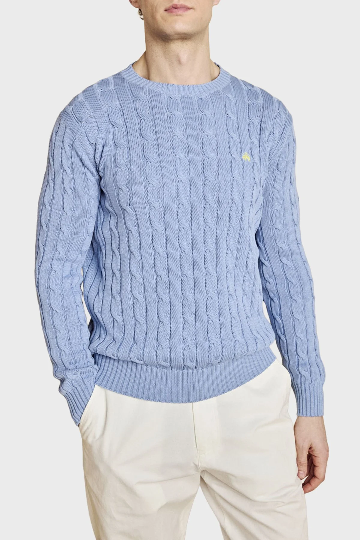 Brooks Brothers %100 Pamuk Saç Örgü Desenli Bisiklet Yaka Erkek Kazak BBSS26MKL030116 Açık Mavi - 4