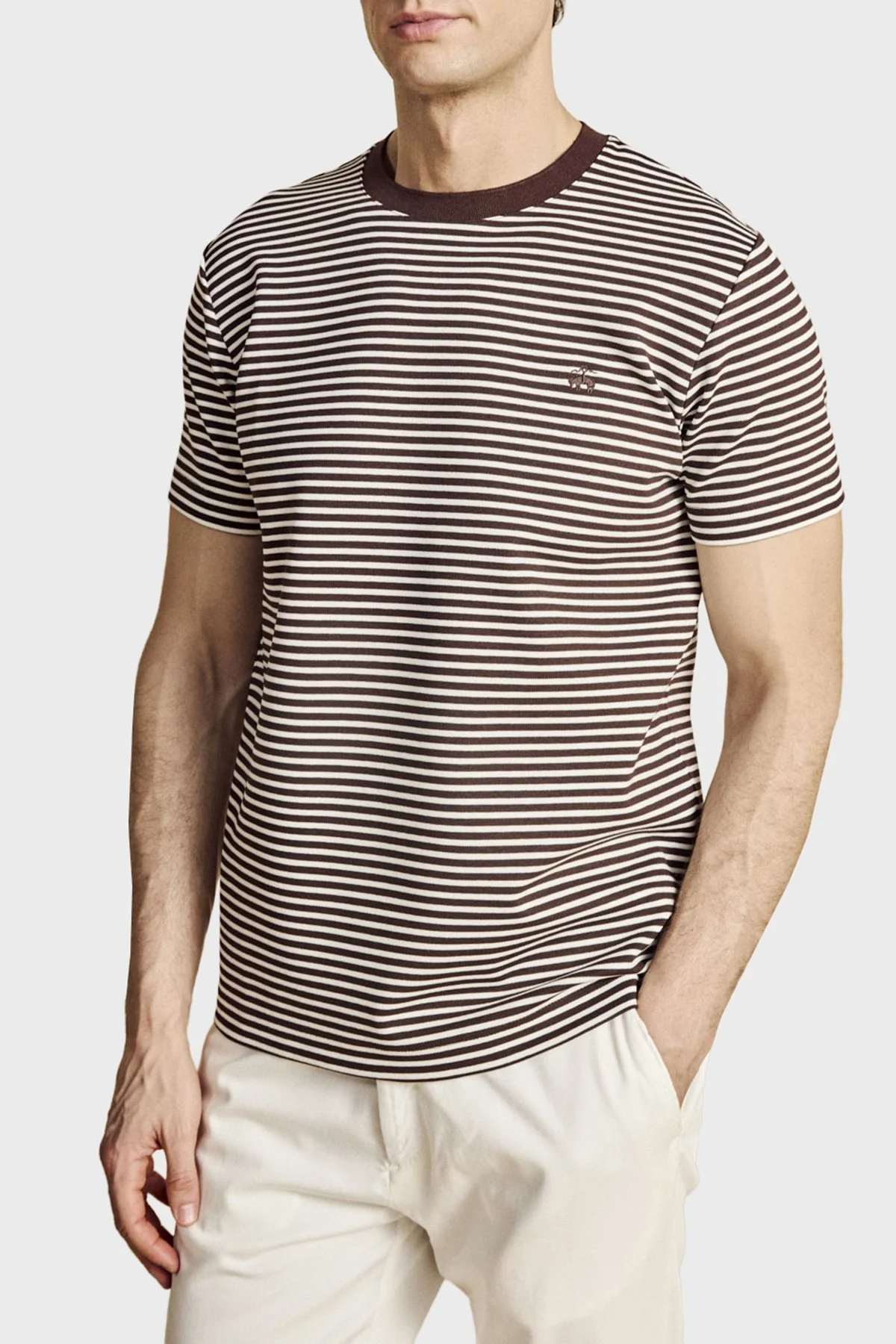 Brooks Brothers Bisiklet Yaka Çizgili T-shirt Erkek T Shirt BBSS26MTS016292 KAHVE-EKRU - 1