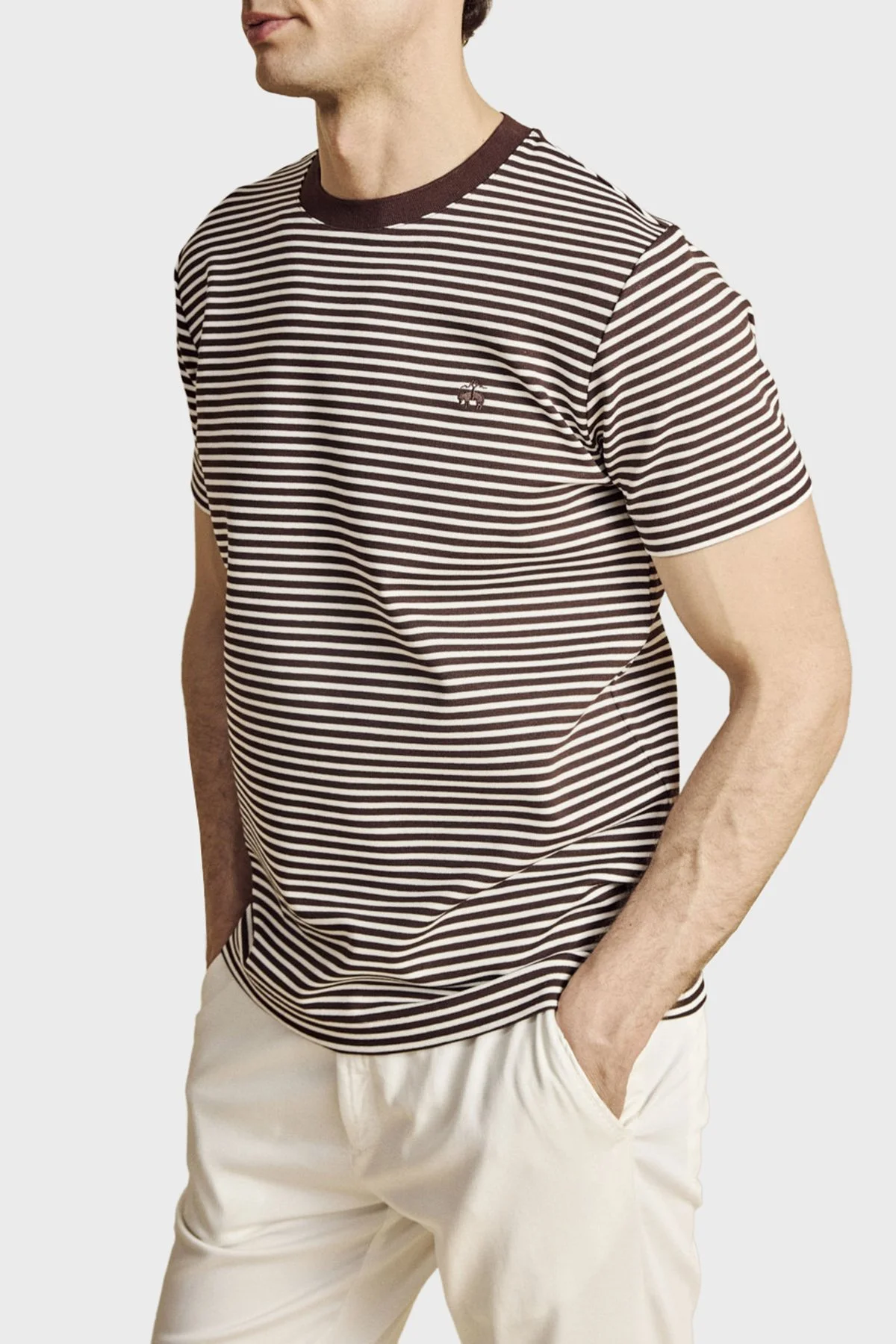 Brooks Brothers Bisiklet Yaka Çizgili T-shirt Erkek T Shirt BBSS26MTS016292 KAHVE-EKRU - 3