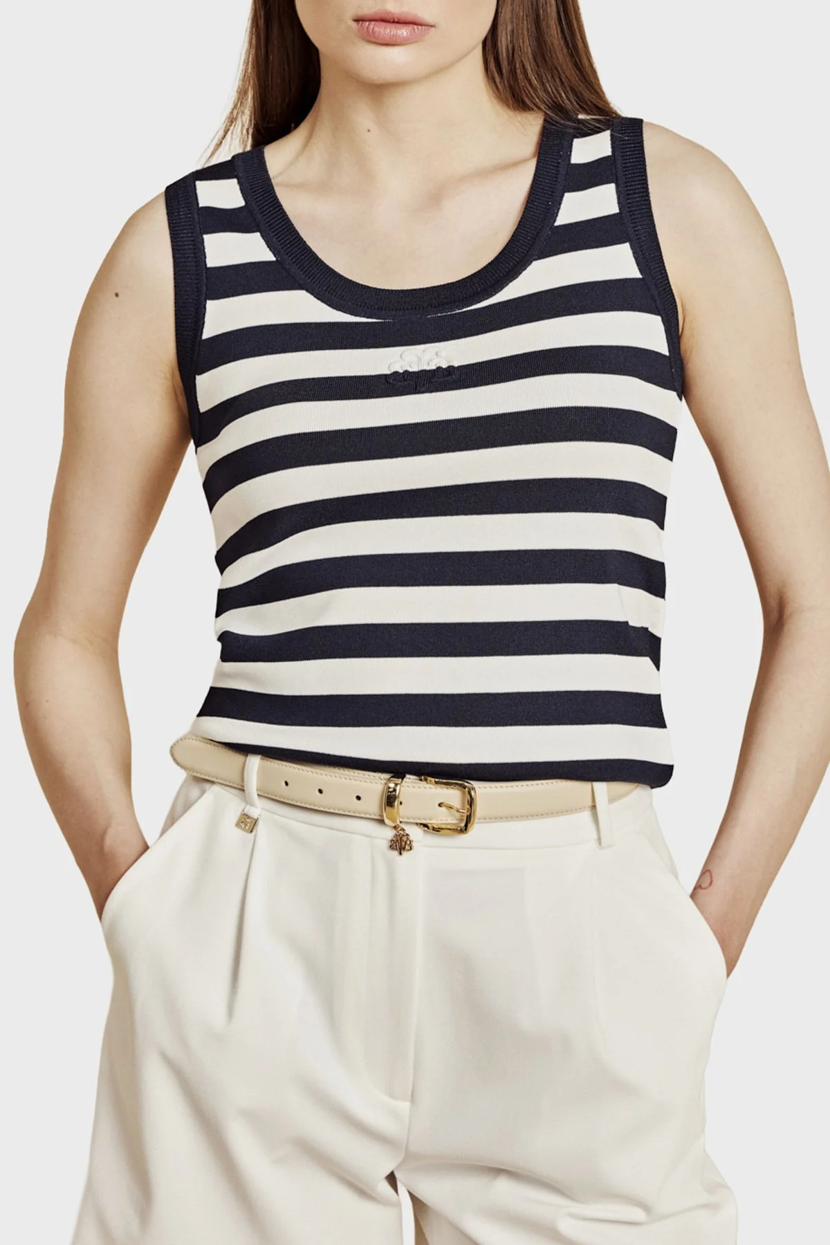 Brooks Brothers Çizgili Bisiklet Yaka Kadın Atlet BBSS26FKT010388 Lacivert-Kırık Beyaz - 1