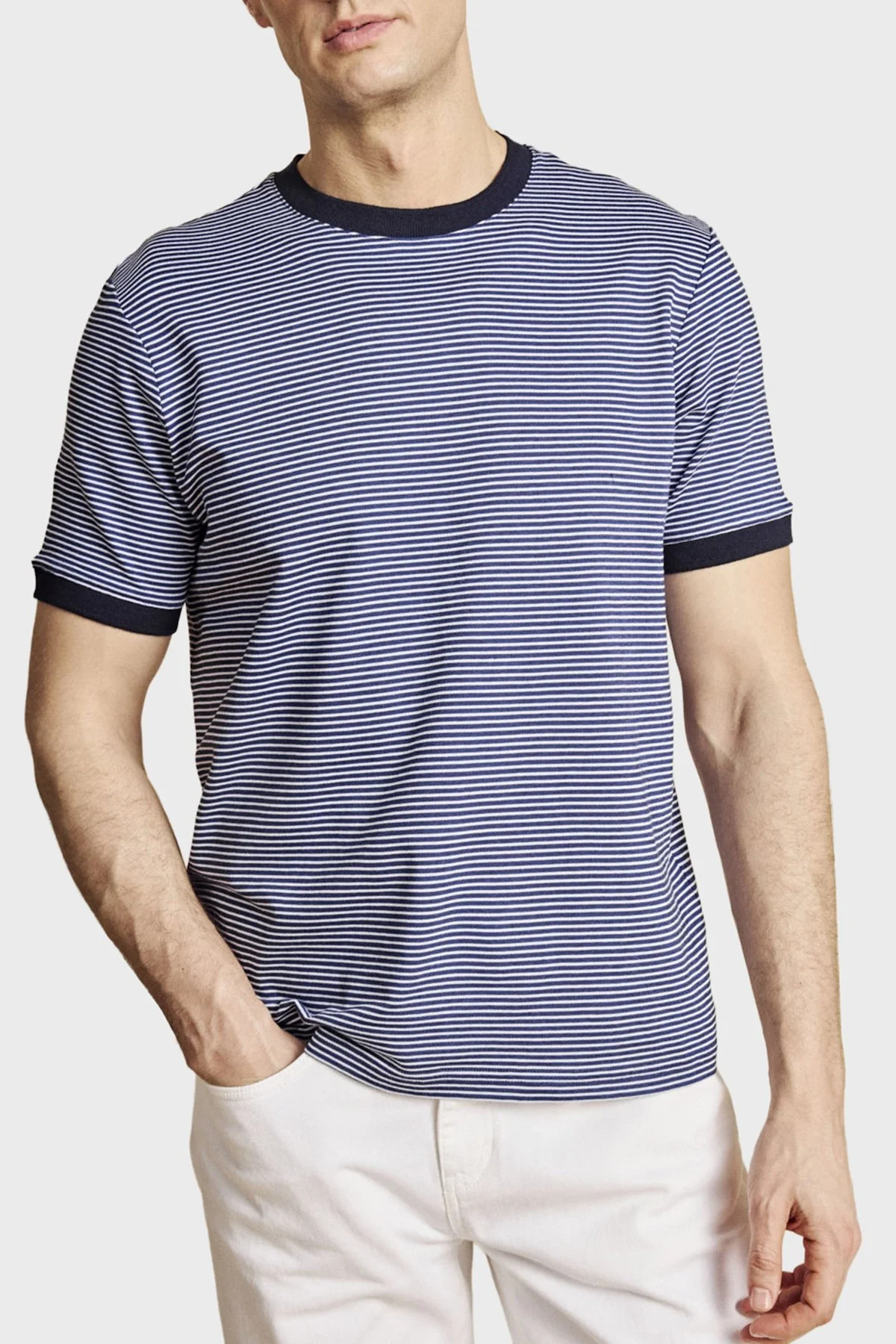 Brooks Brothers Çizgili Bisiklet Yaka T-Shirt Erkek T Shirt BBSS26MTS022157 LACİVERT-BEYAZ - 1