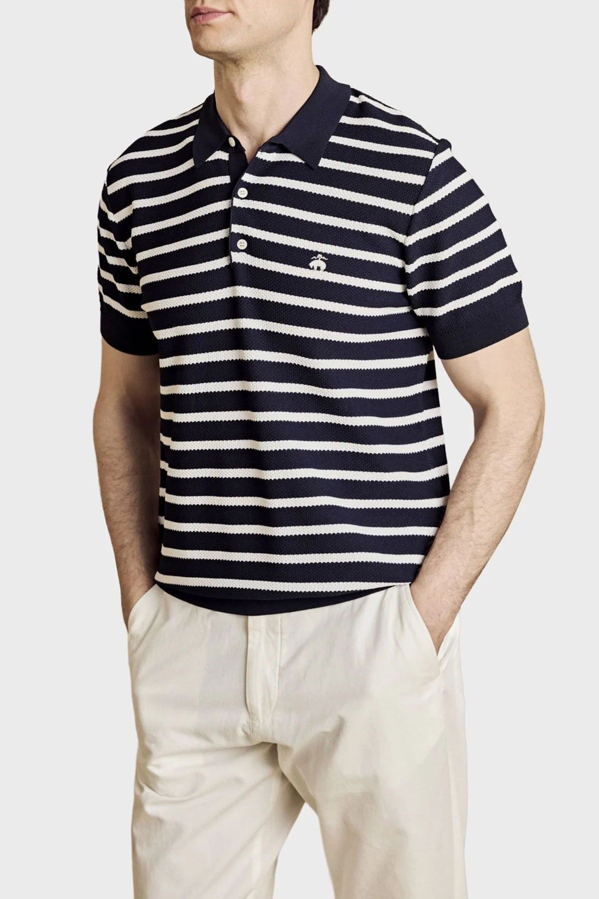 Brooks Brothers Çizgili Rayon Kısa Kollu Düğmeli Erkek Polo Yaka Kazak BBSS26MKL004388 Lacivert Kırık Beyaz - 1