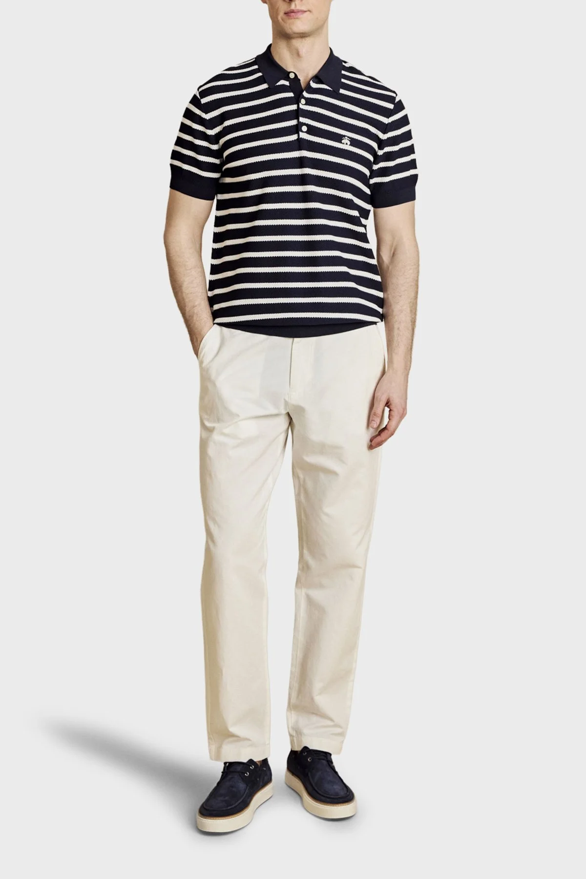 Brooks Brothers Çizgili Rayon Kısa Kollu Düğmeli Erkek Polo Yaka Kazak BBSS26MKL004388 Lacivert Kırık Beyaz - 2