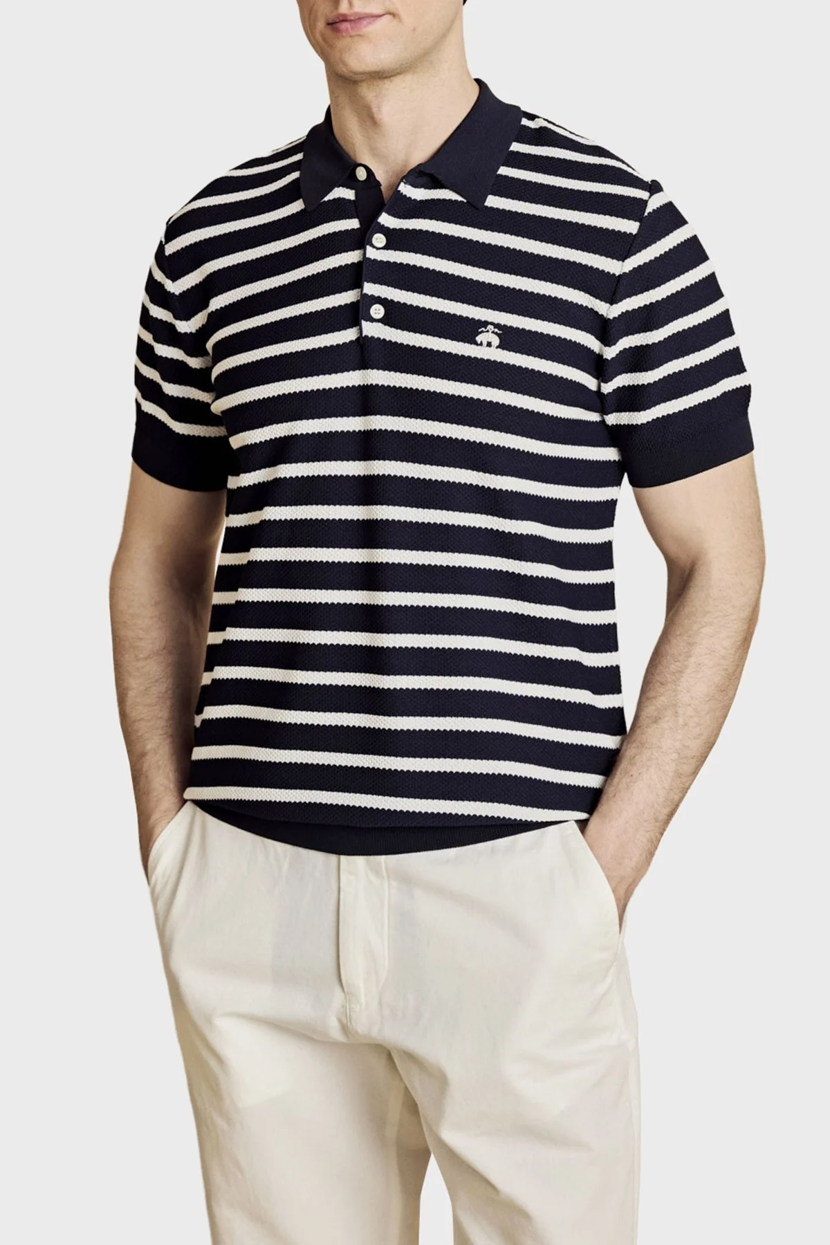 Brooks Brothers Çizgili Rayon Kısa Kollu Düğmeli Erkek Polo Yaka Kazak BBSS26MKL004388 Lacivert Kırık Beyaz - 4