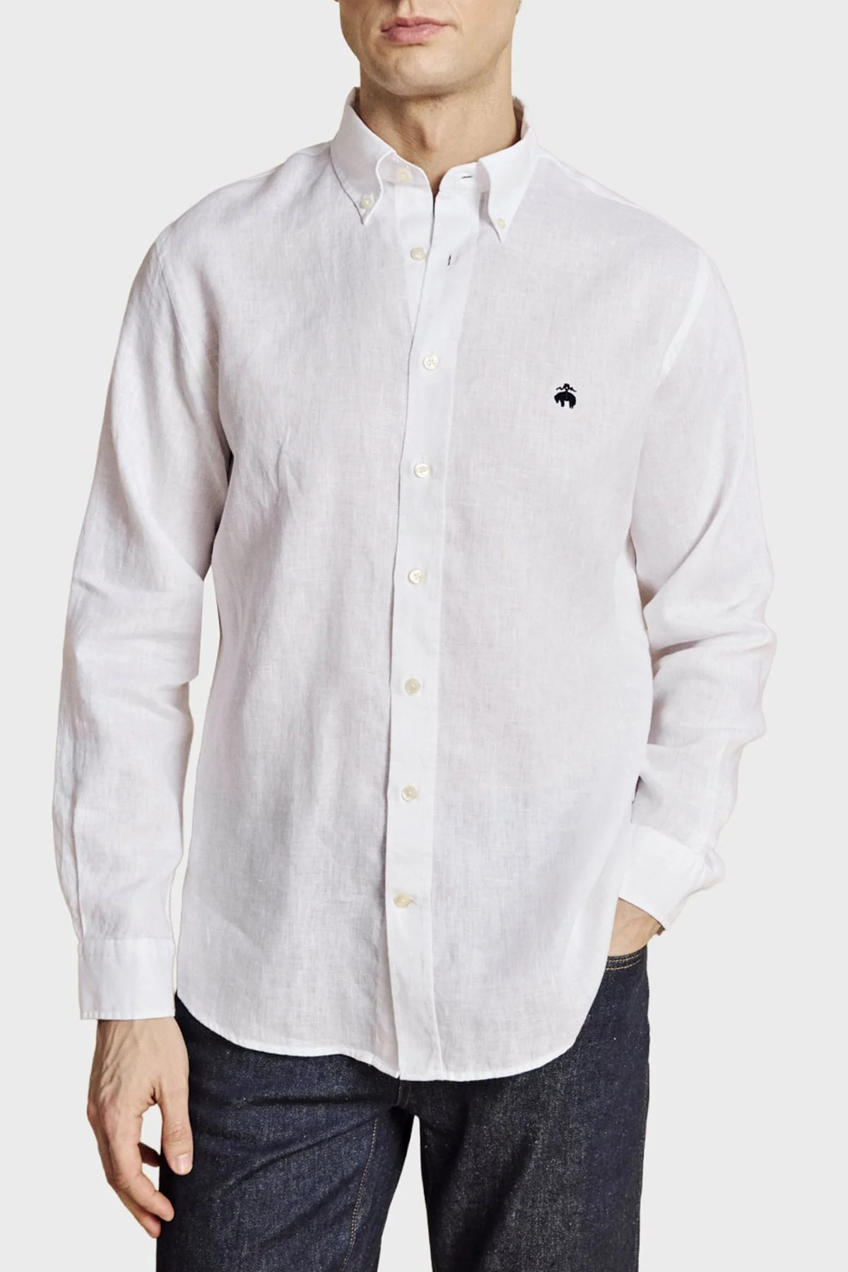 Brooks Brothers Düğmeli Yaka Regular Fit %100 Keten Uzun Kollu Erkek Gömlek BBSS26MSH022100 BEYAZ - 1