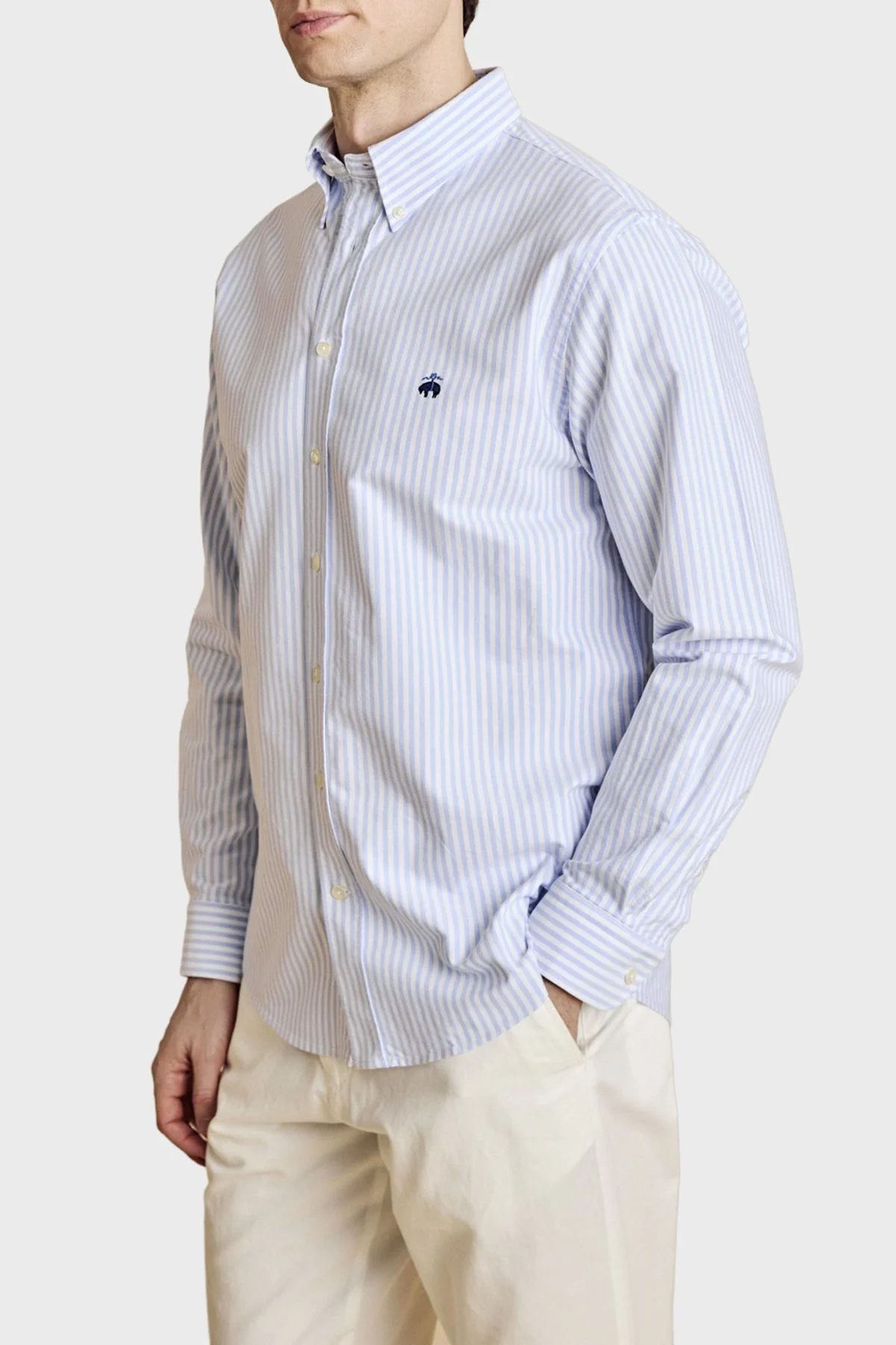 Brooks Brothers Düğmeli Yaka Regular Fit %100 Pamuk Oxford Çizgili Erkek Gömlek BBSS26MSH021145 Beyaz Mavi - 4