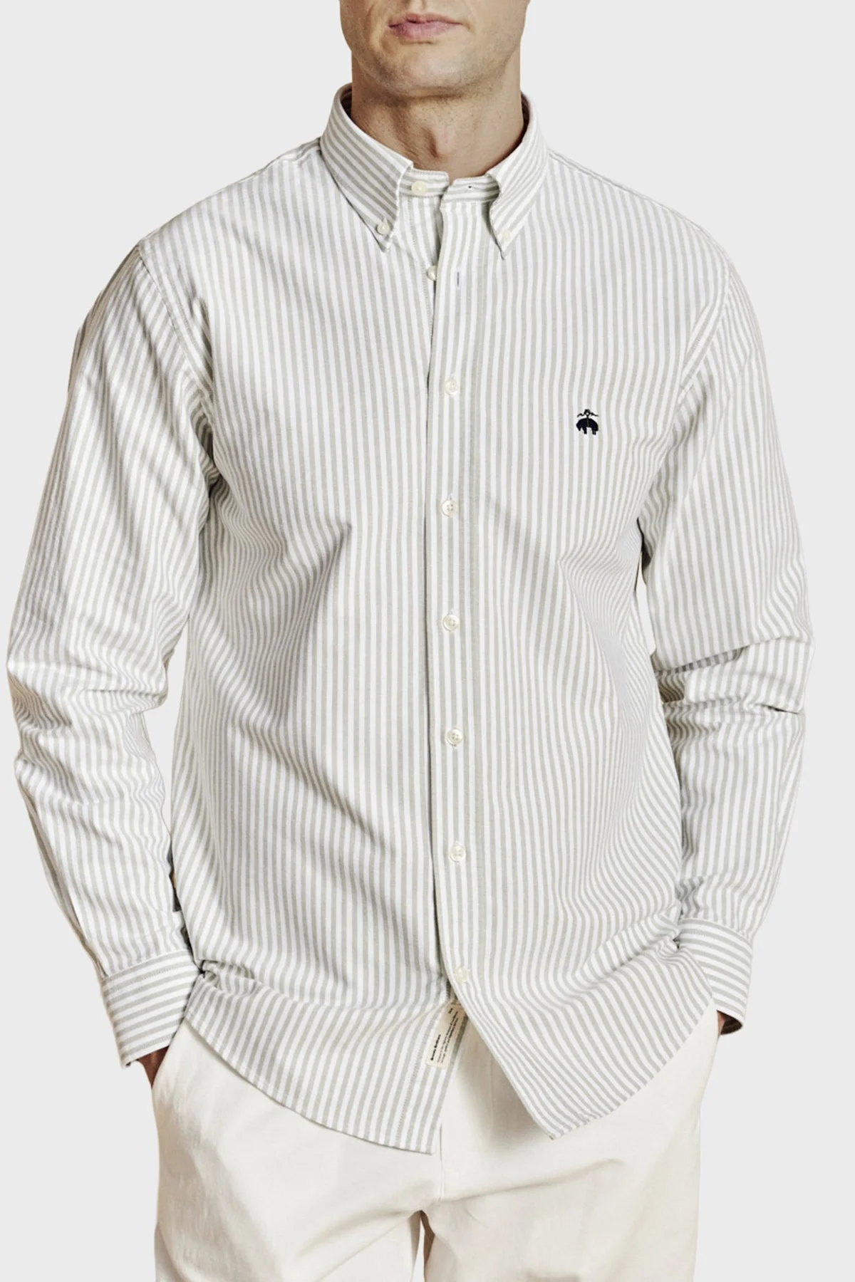 Brooks Brothers Düğmeli Yaka Regular Fit %100 Pamuk Oxford Çizgili Erkek Gömlek BBSS26MSH021166 YEŞİL-BEYAZ - 1