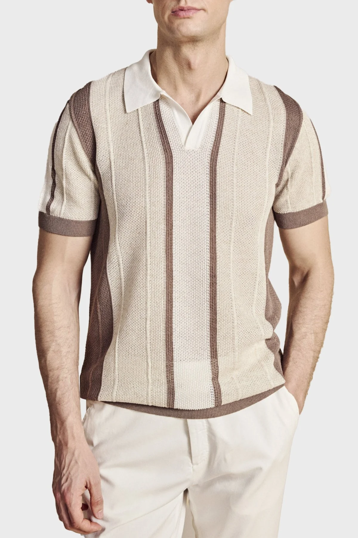 Brooks Brothers Düğmesiz Çizgili Keten Karışımlı Kısa Kollu Erkek Polo Yaka Kazak BBSS26MKL008463 Vizon-Ekru-Beyaz - 1