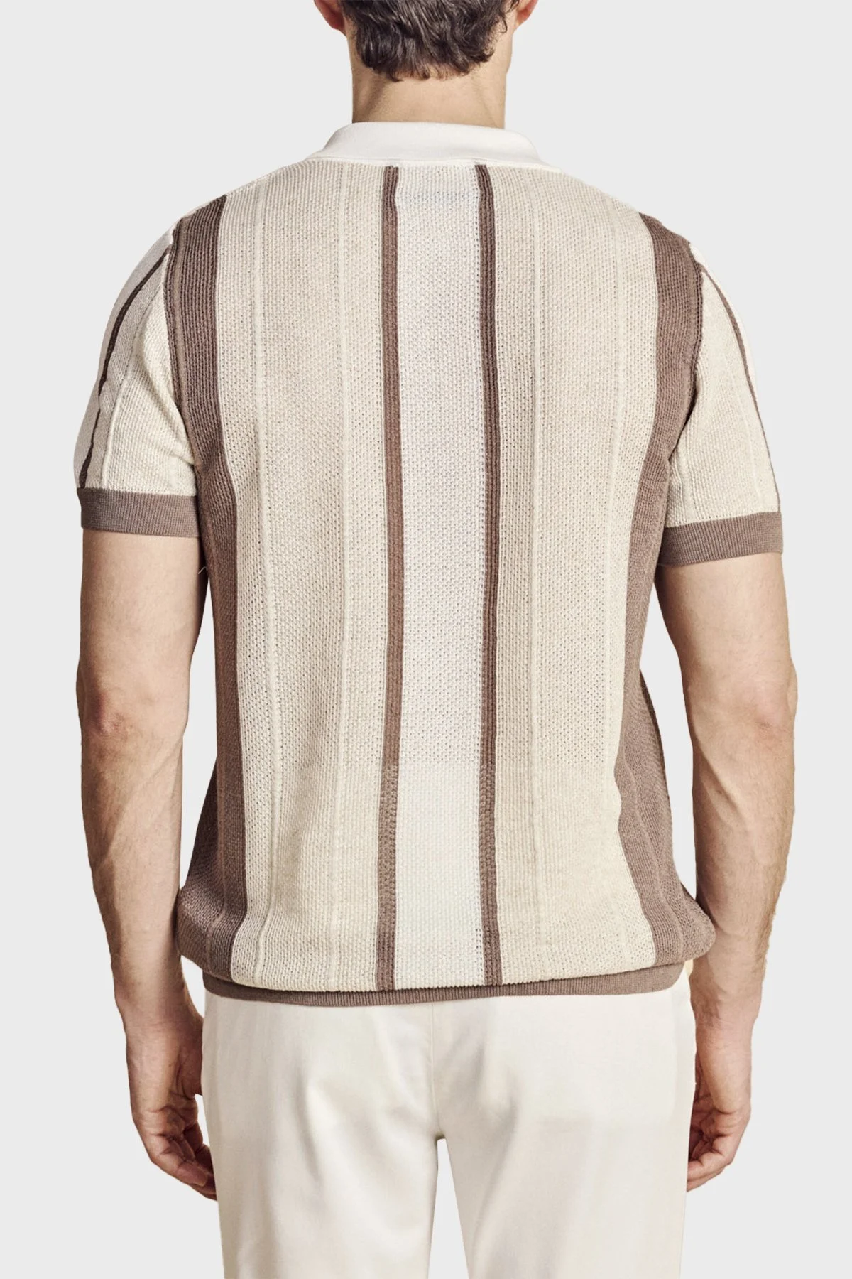 Brooks Brothers Düğmesiz Çizgili Keten Karışımlı Kısa Kollu Erkek Polo Yaka Kazak BBSS26MKL008463 Vizon-Ekru-Beyaz - 2