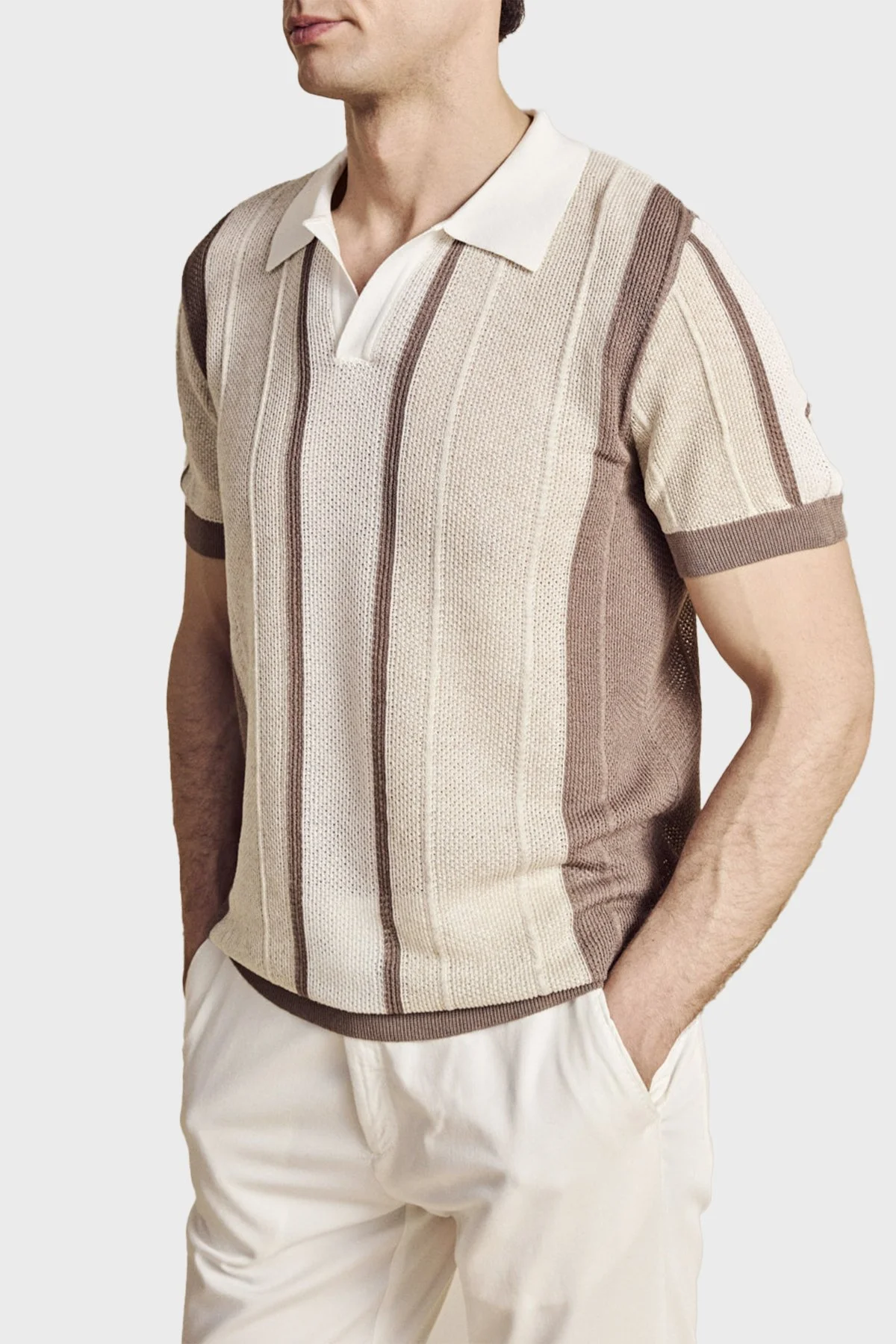 Brooks Brothers Düğmesiz Çizgili Keten Karışımlı Kısa Kollu Erkek Polo Yaka Kazak BBSS26MKL008463 Vizon-Ekru-Beyaz - 3