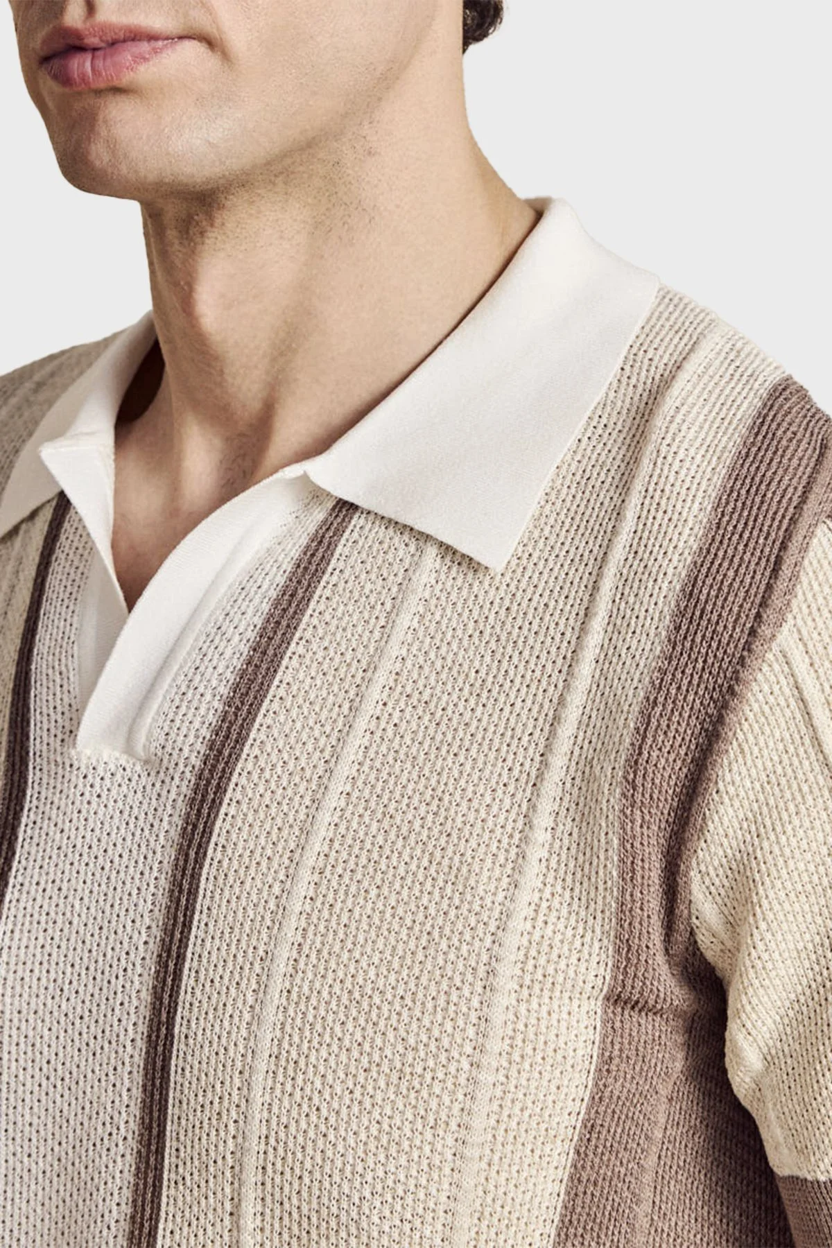 Brooks Brothers Düğmesiz Çizgili Keten Karışımlı Kısa Kollu Erkek Polo Yaka Kazak BBSS26MKL008463 Vizon-Ekru-Beyaz - 4
