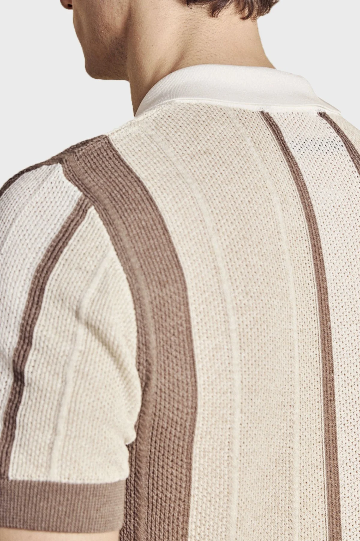 Brooks Brothers Düğmesiz Çizgili Keten Karışımlı Kısa Kollu Erkek Polo Yaka Kazak BBSS26MKL008463 Vizon-Ekru-Beyaz - 5