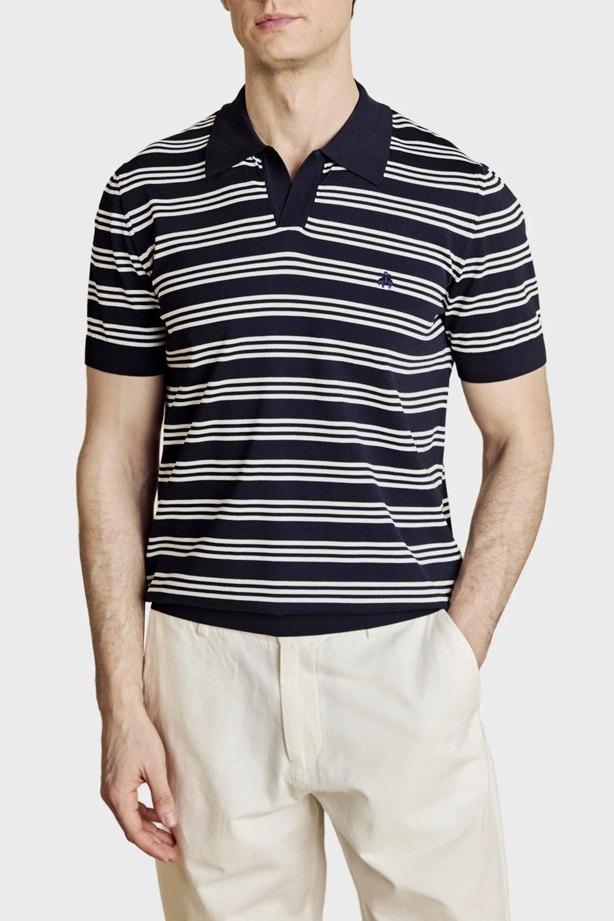 Brooks Brothers Düğmesiz Çizgili Rayon Kısa Kollu Erkek Polo Yaka Kazak BBSS26MKL013388 Lacivert Kırık Beyaz - 1