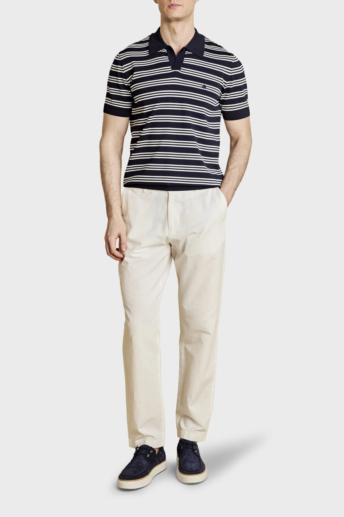 Brooks Brothers Düğmesiz Çizgili Rayon Kısa Kollu Erkek Polo Yaka Kazak BBSS26MKL013388 Lacivert Kırık Beyaz - 2