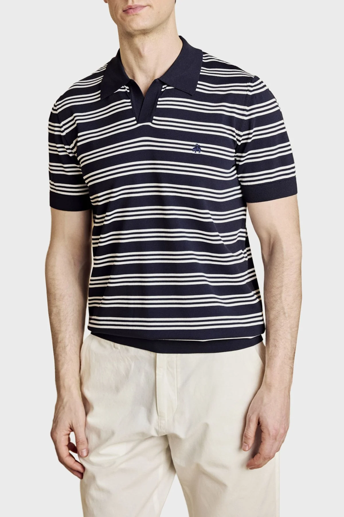 Brooks Brothers Düğmesiz Çizgili Rayon Kısa Kollu Erkek Polo Yaka Kazak BBSS26MKL013388 Lacivert Kırık Beyaz - 5