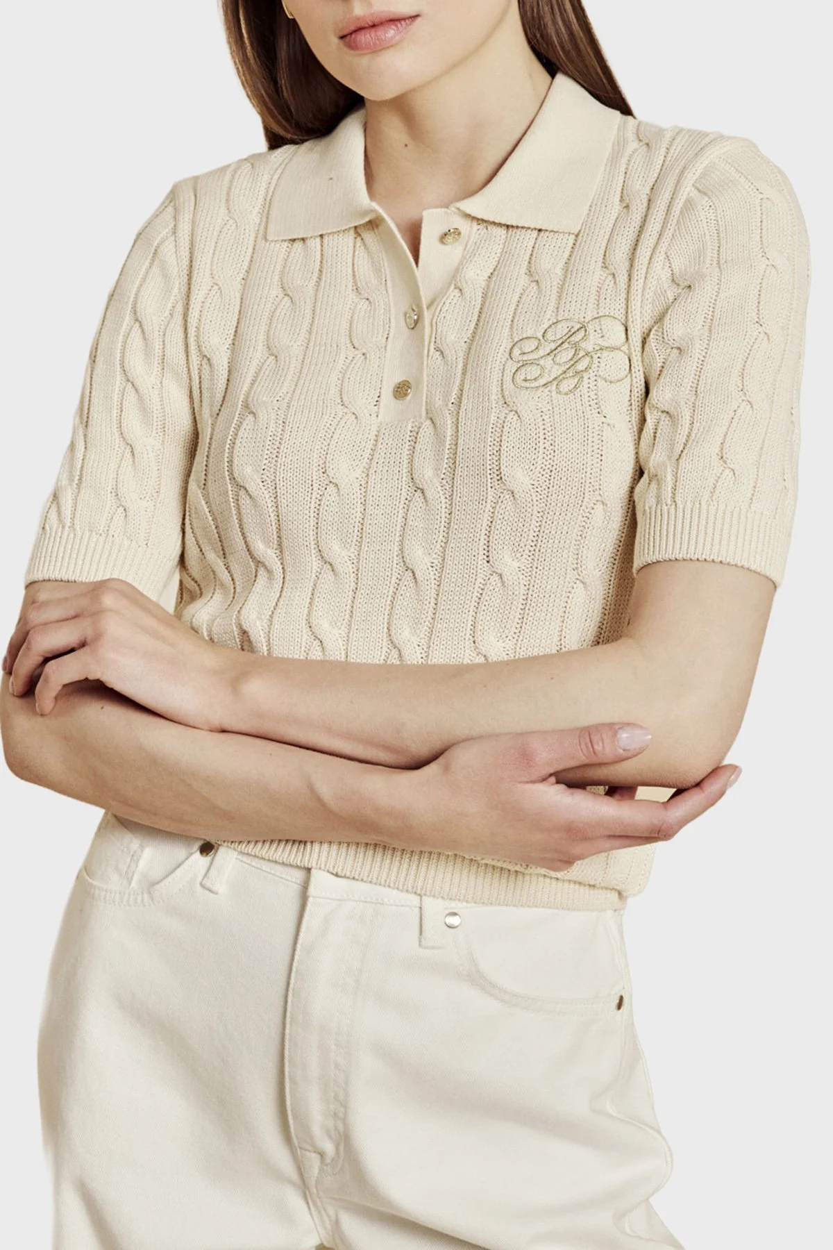 Brooks Brothers Logolu % 100 Pamuk Kısa Kollu Kadın Polo Yaka Kazak BBSS26FKL011391 VANİLYA - 1