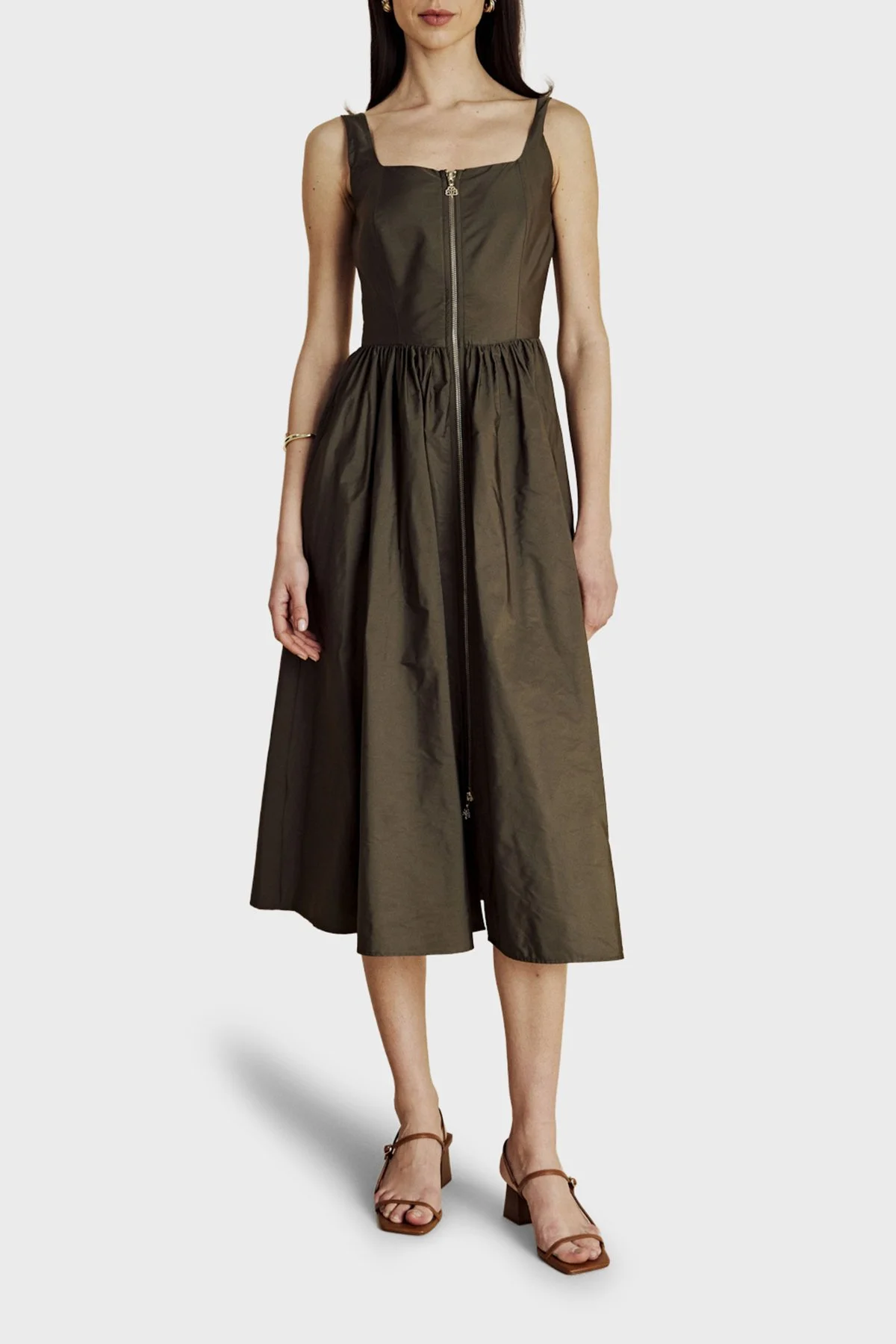 Brooks Brothers Metal Fermuar Detaylı Kare Yaka Midi Boy Kadın Elbise BBSS26FDR004128 Haki - 1