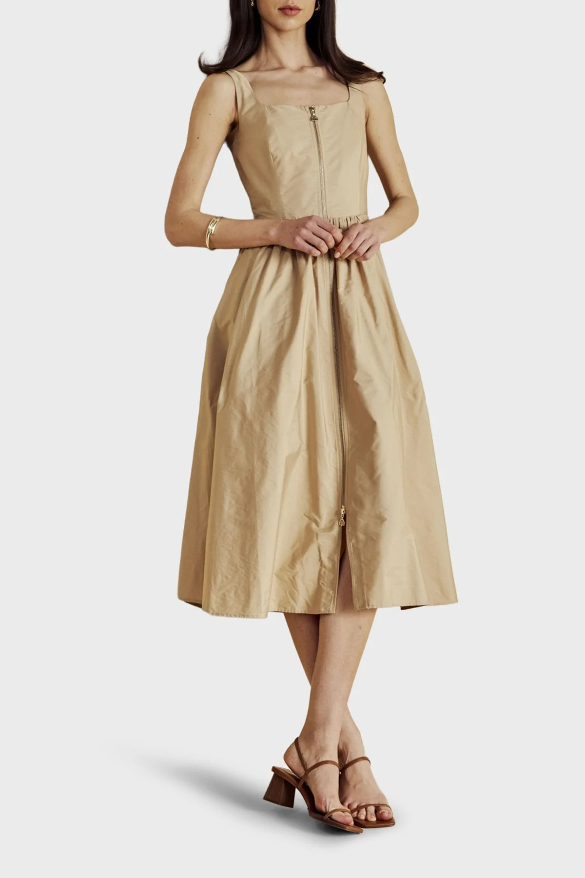 Brooks Brothers Metal Fermuar Detaylı Kare Yaka Midi Boy Kadın Elbise BBSS26FDR004142 Bej - 4