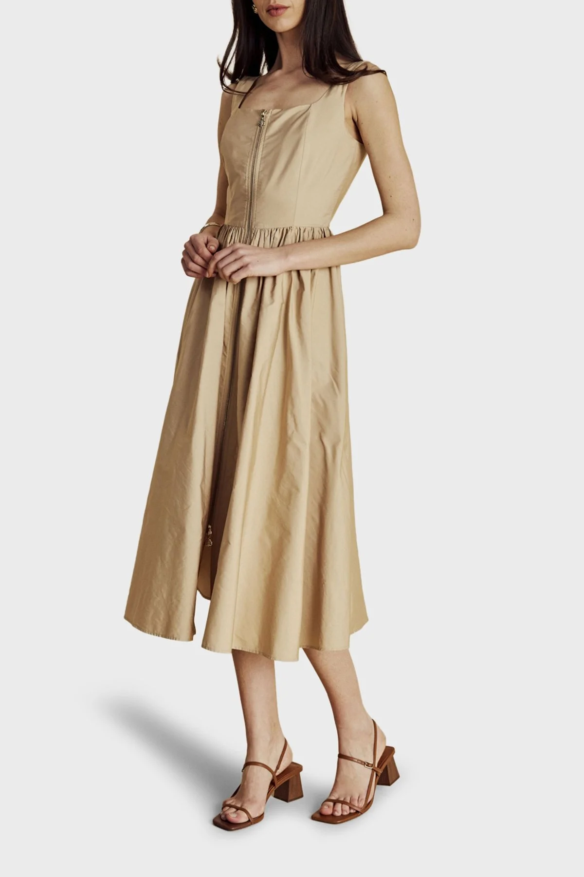 Brooks Brothers Metal Fermuar Detaylı Kare Yaka Midi Boy Kadın Elbise BBSS26FDR004142 Bej - 5