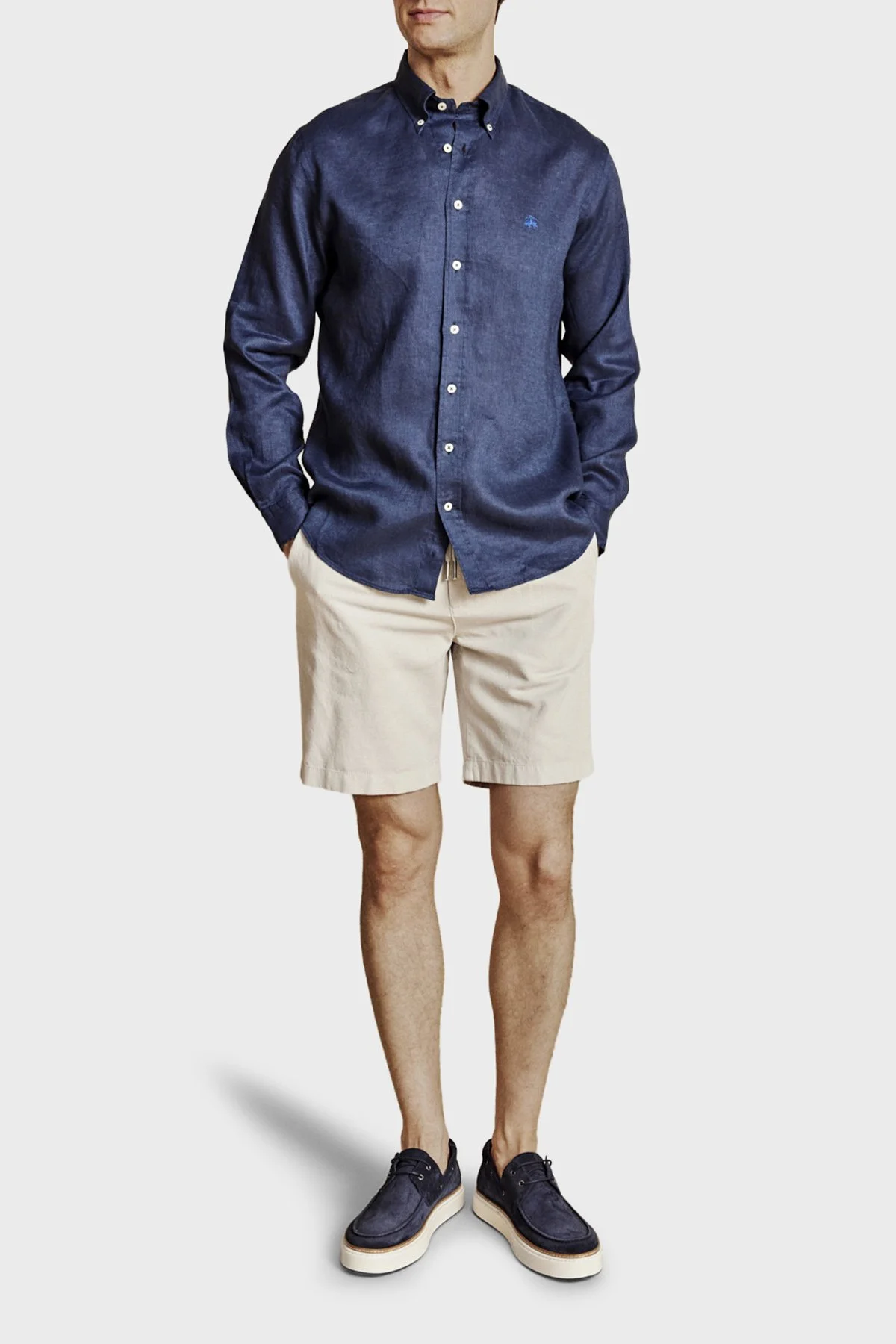 Brooks Brothers Pamuk ve Keten Karışımlı Bağcıklı Erkek Şort BBSS26MSO003164 TAŞ - 1