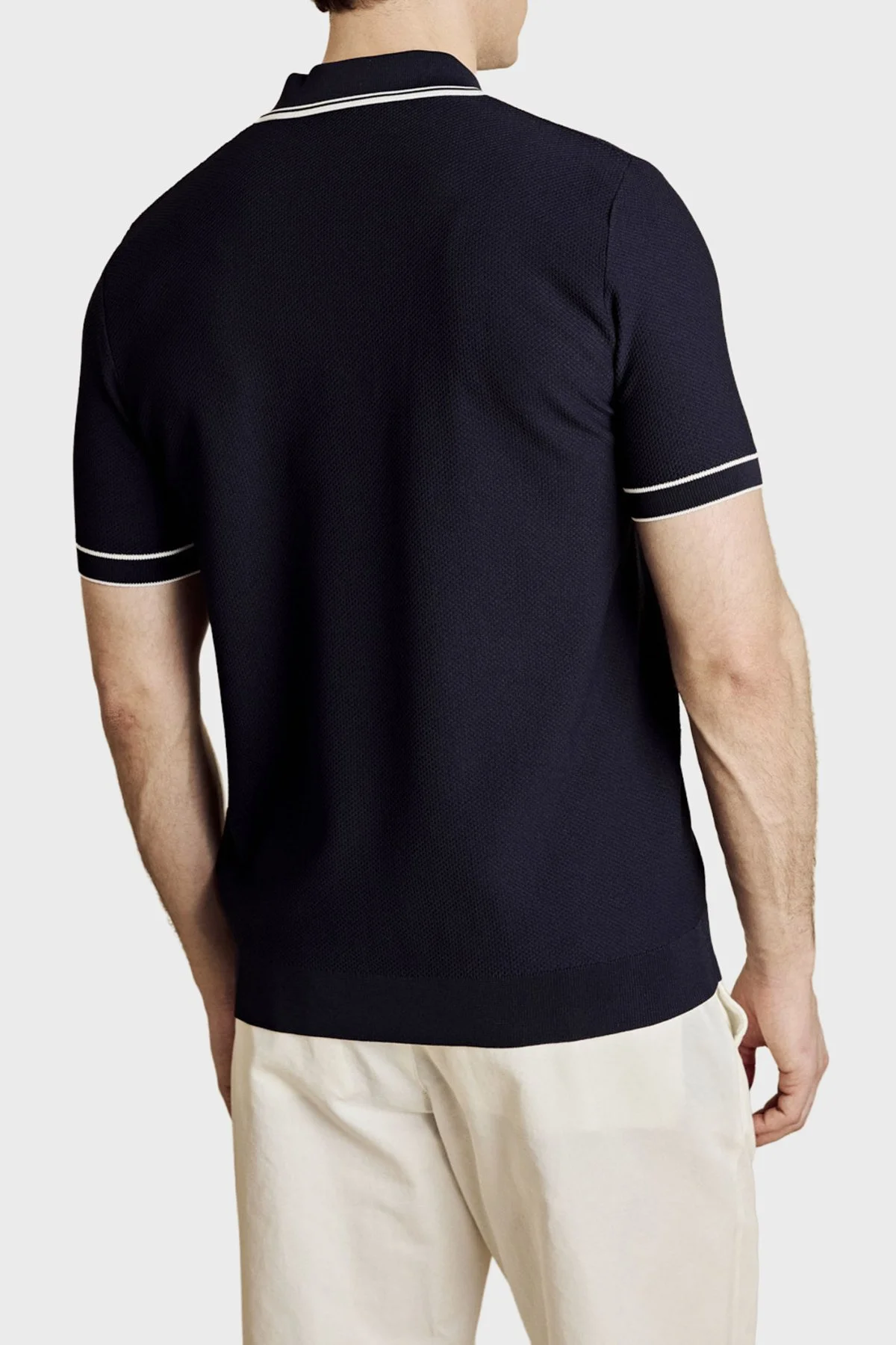 Brooks Brothers Petek Örgü Rayon Kısa Kollu Fermuarlı Erkek Polo Yaka Kazak BBSS26MKL007388 Lacivert Kırık Beyaz - 3