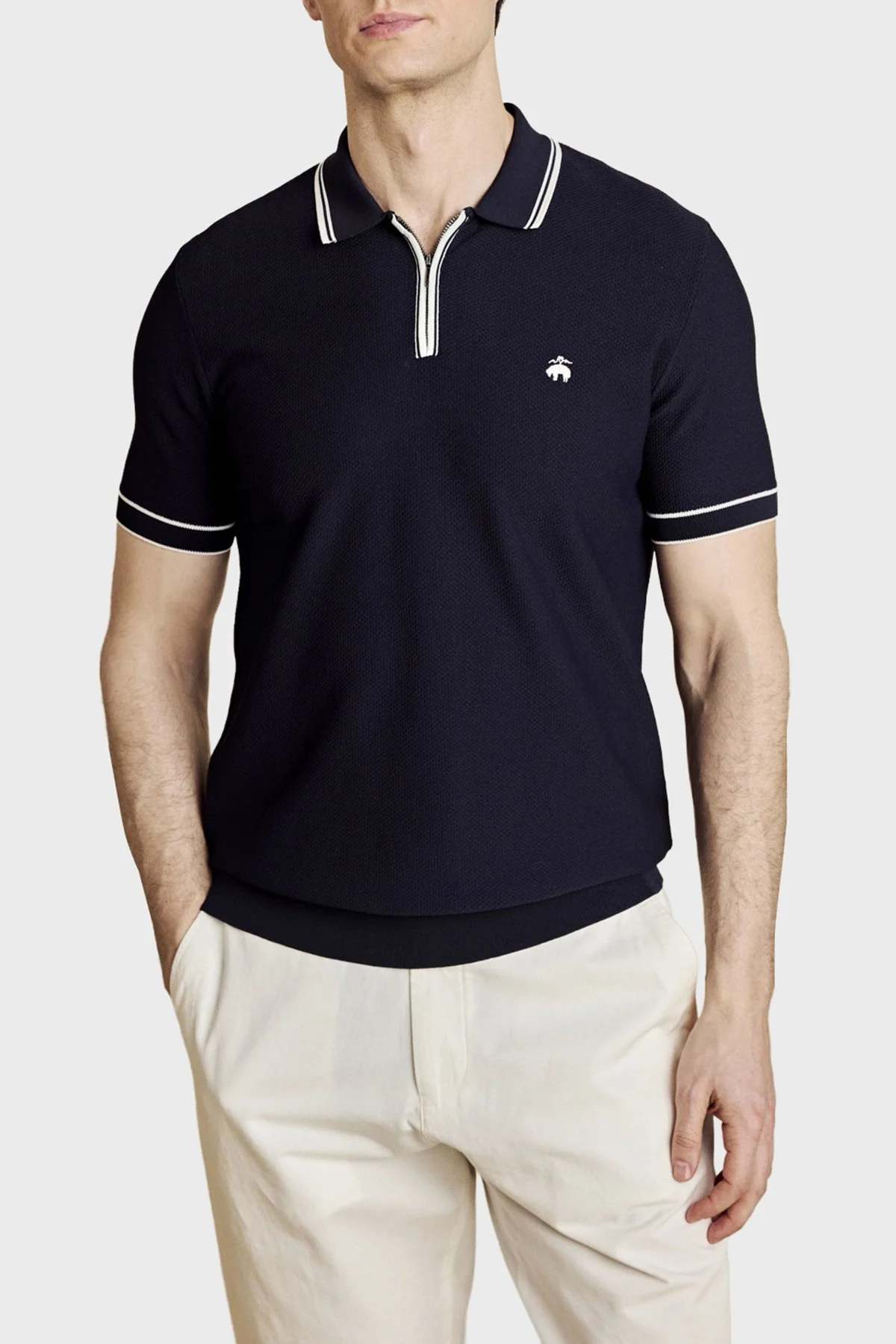 Brooks Brothers Petek Örgü Rayon Kısa Kollu Fermuarlı Erkek Polo Yaka Kazak BBSS26MKL007388 Lacivert Kırık Beyaz - 4