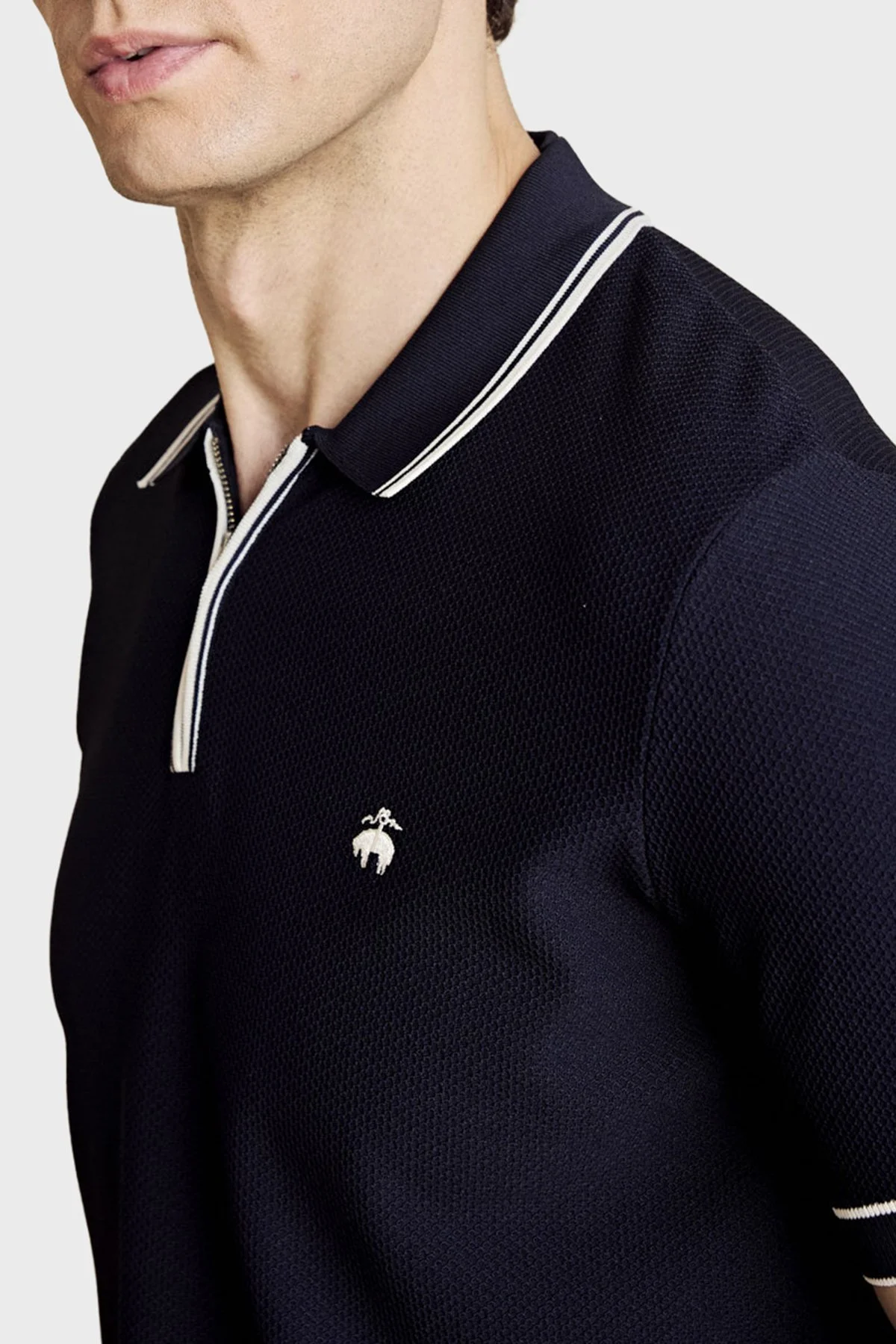 Brooks Brothers Petek Örgü Rayon Kısa Kollu Fermuarlı Erkek Polo Yaka Kazak BBSS26MKL007388 Lacivert Kırık Beyaz - 5