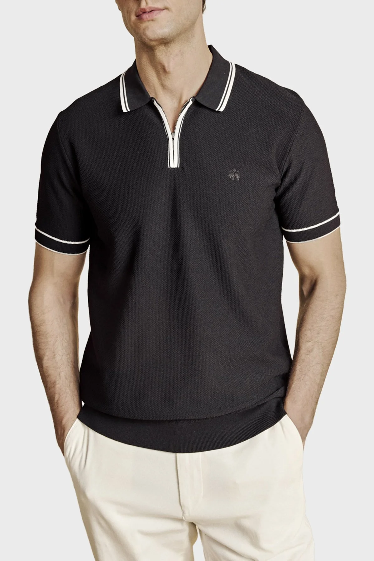 Brooks Brothers Yarım Fermuarlı Petek Örgü Rayon Kısa Kol Erkek Polo Yaka Kazak BBSS26MKL007386 Siyah-Kırık Beyaz - 1